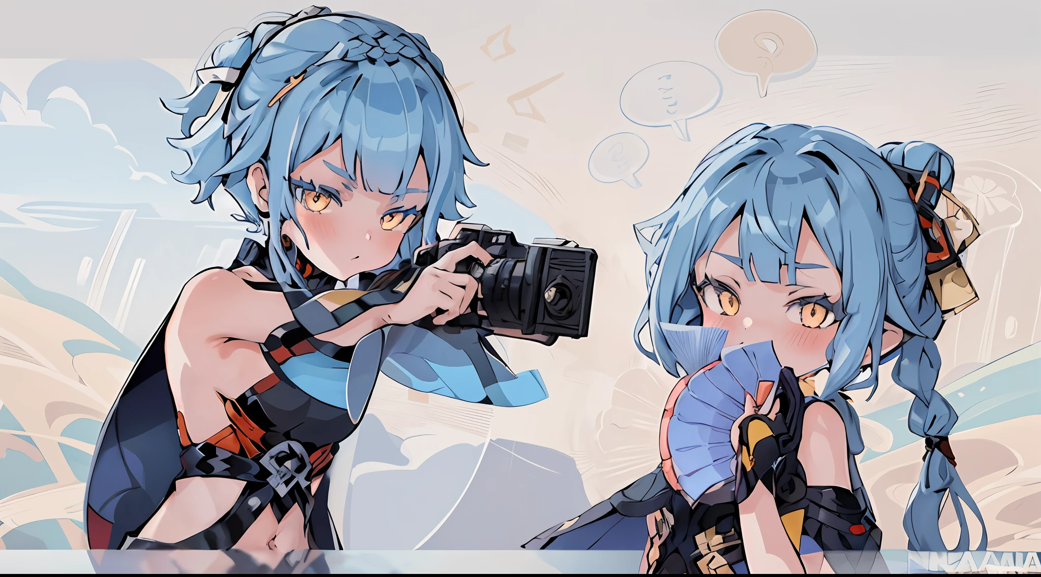 anime boy and girl taking a picture of themselves with camera, anime style mixed with fujifilm, high quality fanart, ig studios anime style, cute art style, 1 3 5 mm!!, 🍁 cute, taking a picture, 4 k post, 4k post, by Yanagawa Nobusada, photography], photoillustration, dslr +, illustrative!!, by Kamagurka, (1girl, solo, long hair, looking at viewer, hair ornament, dress, holding, bare shoulders, closed mouth, blue hair, yellow eyes, braid, artist name, covered navel, blue dress, chinese clothes, china dress, hand fan, folding fan, light blue hair)