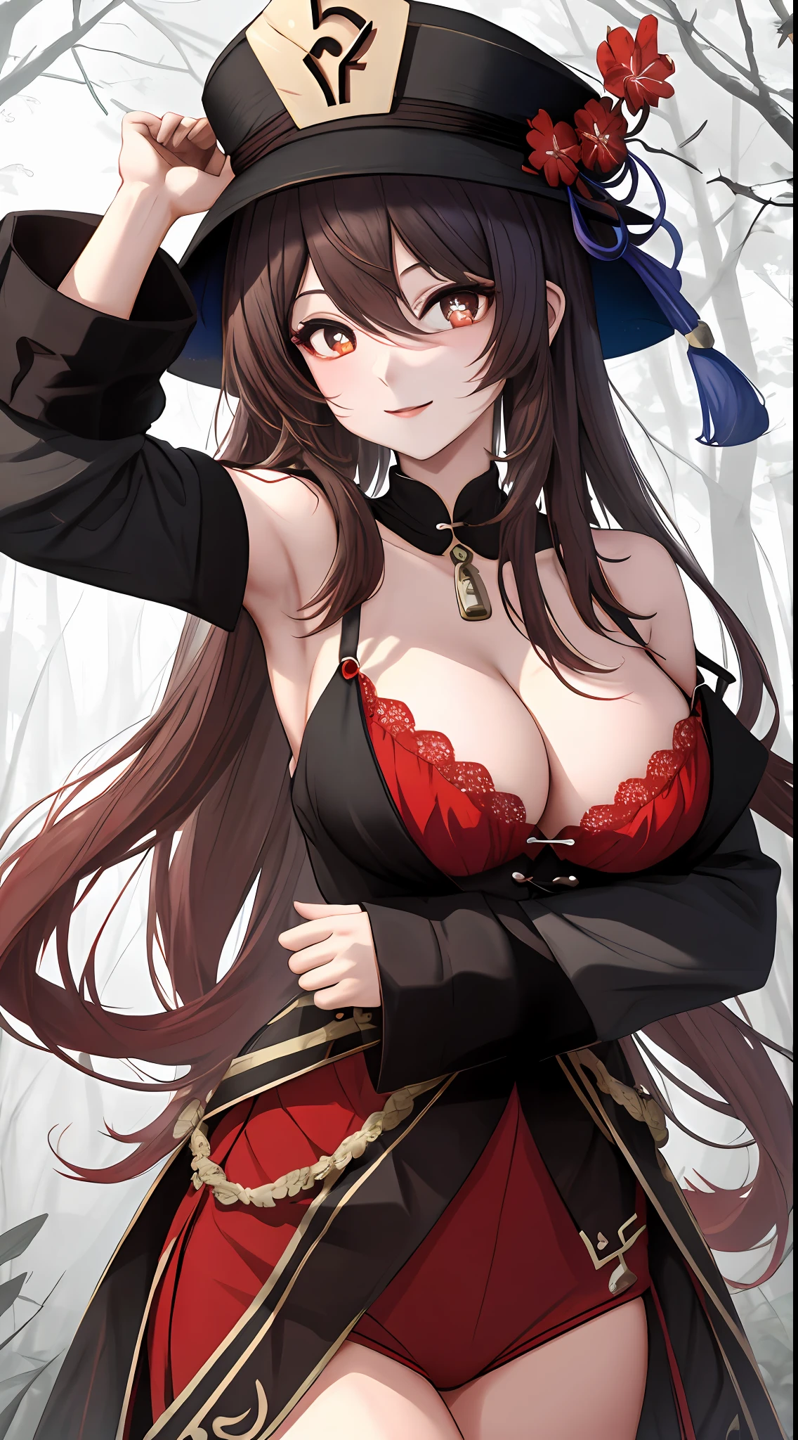 the original god,walnuts,one-girl,Off-the-shoulder attire,Large breasts,ssmile,red color eyes,cleavage,Black clothes,Black hat,(There is a token on the hat:1.2),In the middle of a quiet forest,best qualtiy,the wallpaper,Beautiful body,high-definition picture quality,hu tao(Genshin Impact),absurderes, (best qualityer), (tmasterpiece), (ultra - detailed: 1.2),White cute ghost,upperbody closeup