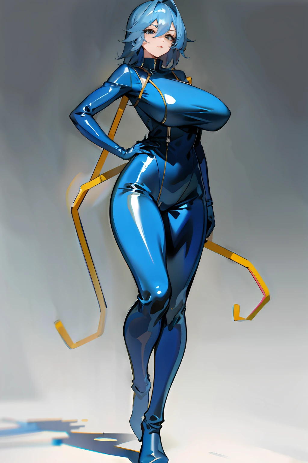 huge tit,A sagging breast。Large breasts,Well-developed chest,blue jumpsuit,latex body suit,standing on your feet,noodle