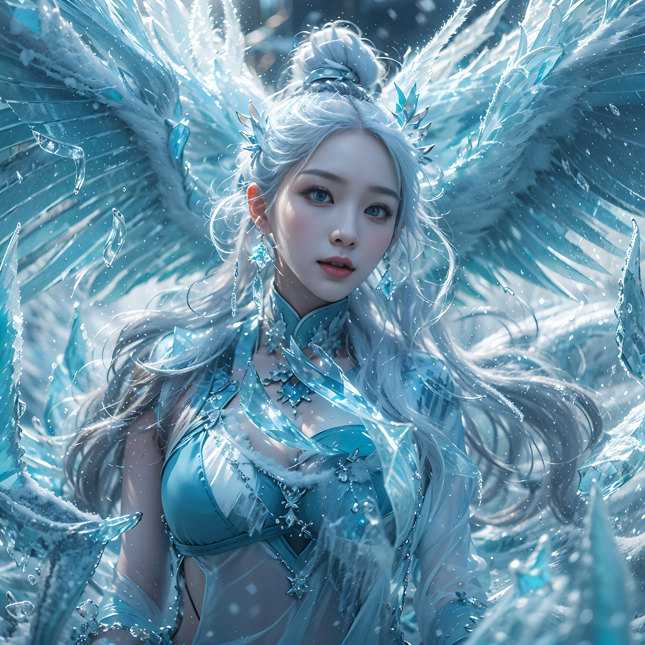 (((1girll))),(Perfect facial features),(Wearing ancient Chinese hangfu),The upper part of the body,icey,ice wings,(Ice Phoenix:1.2),Splashed liquid,Wavy liquid,airbubble,standing on water,wave,Blue glow,(Frost wings),(((Powerful ice magic))),(((Icicles))),Towering over the landscape,Blue light cold light,(((Ice storms))),Wind,((Flying snow ice and snow)),Amazing results,,best qualityer,tmasterpiece,超高分辨率,finely detailled,Complicated details,8K分辨率,8KUCG wallpaper,hdr,water blue,Magic Array,Cinematic lighting effects,lightand shade contrast,Ray traching、NVIDIA RTX