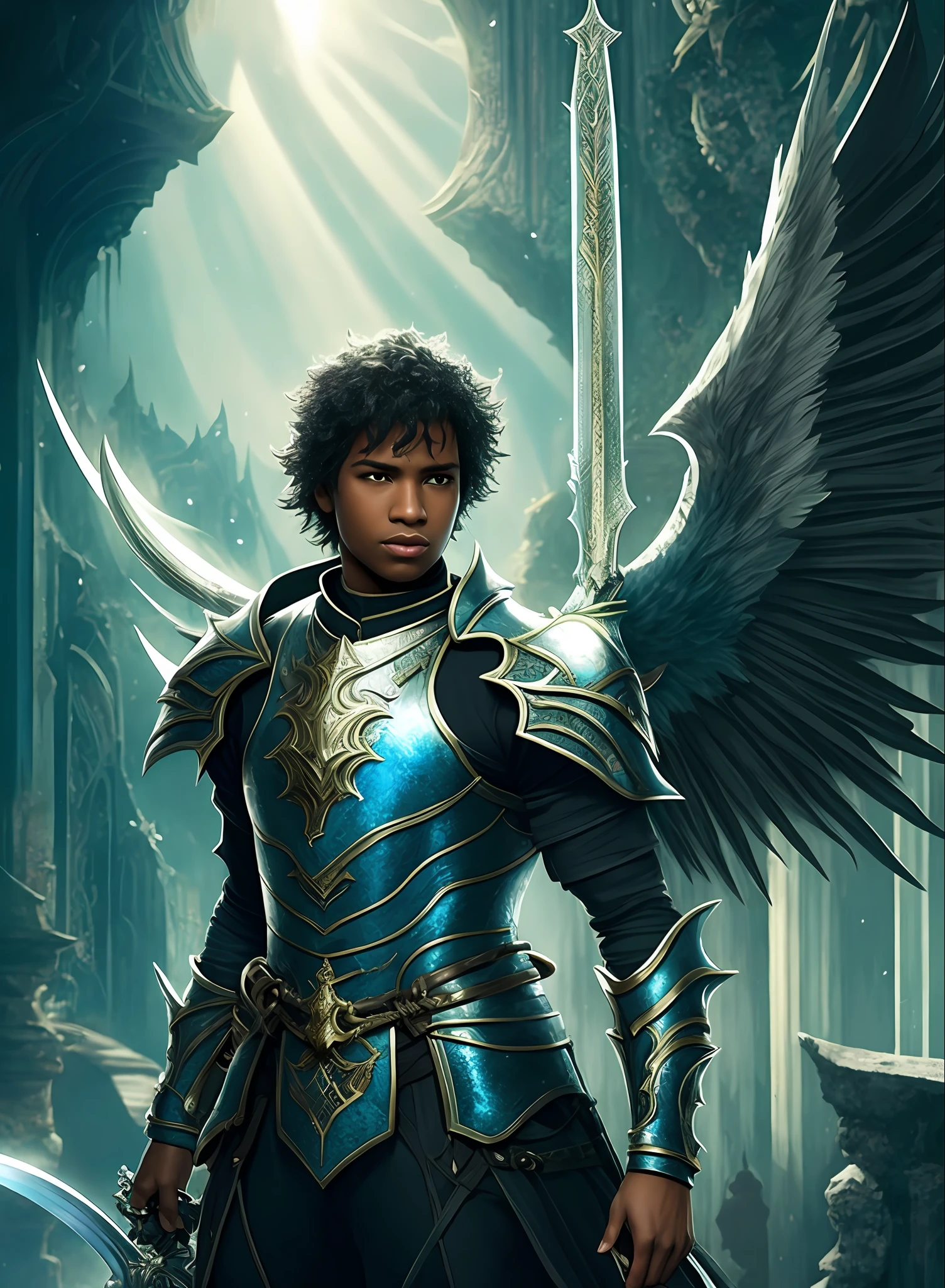 Arafed male in armor standing in a dark alley with a sword, angel in plastic armor, filme de fantasia de romance, angel knight gothic girl, Jovem Anjo Wan, arcanjo, Arcanjo Miguel, filme de fantasia ainda, Pretty androgynous prince, do cavaleiro do anjo, anjo de batalha, menino, ainda de um filme de fantasia, Vilania tem asas de anjo negro