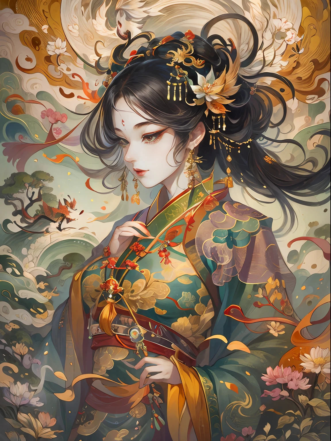 An ancient Chinese painting， Ancient Chinese background，tmasterpiece， super detailing， Epic composition， hyper HD， high qulity， extremely detaile，best qualtiy，（zentangle，Tangled，entangle），（s fractal art：1.4），1girll，Black color hair，chineseidol，cropped shoulders，short  skirt，small thighs，nabel，The is very detailed，dynamic angle，cow boy shot，（Chaos in its most beautiful form），flowy，（vivd colour），overclocking，（A half body：1.2），Chinese big breasts，（Wall paintings：1.5），（Ribbons：1.3），（dream magical：1.5），（Hanfu：1.5），chinesedragon，Chinese Phoenix，（ssmile：0.5 ),(chinese deity),