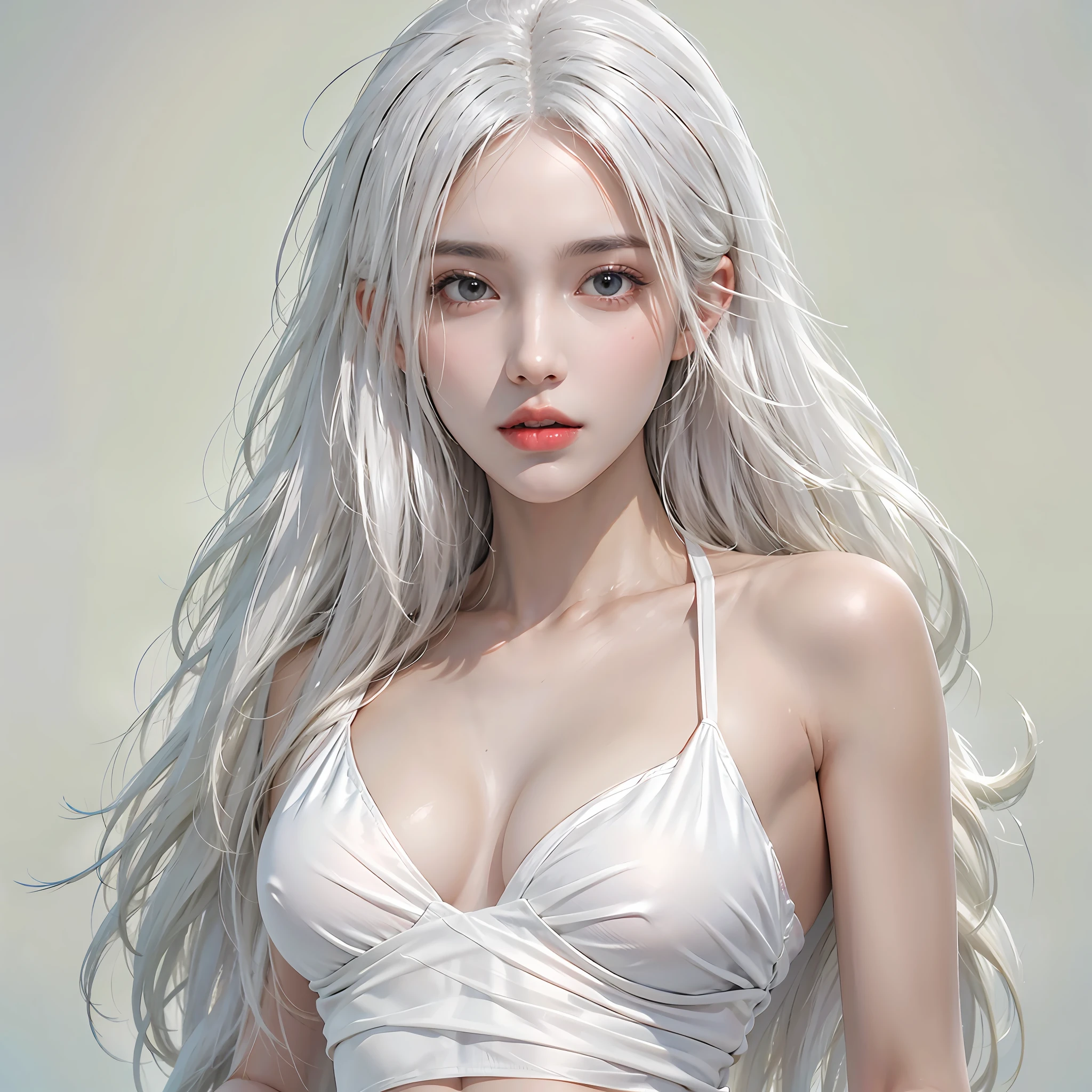 photorealistic, high resolution, 1women, solo, hips up, look at viewer, (detailed face), white hair, long hair, micro-bikini