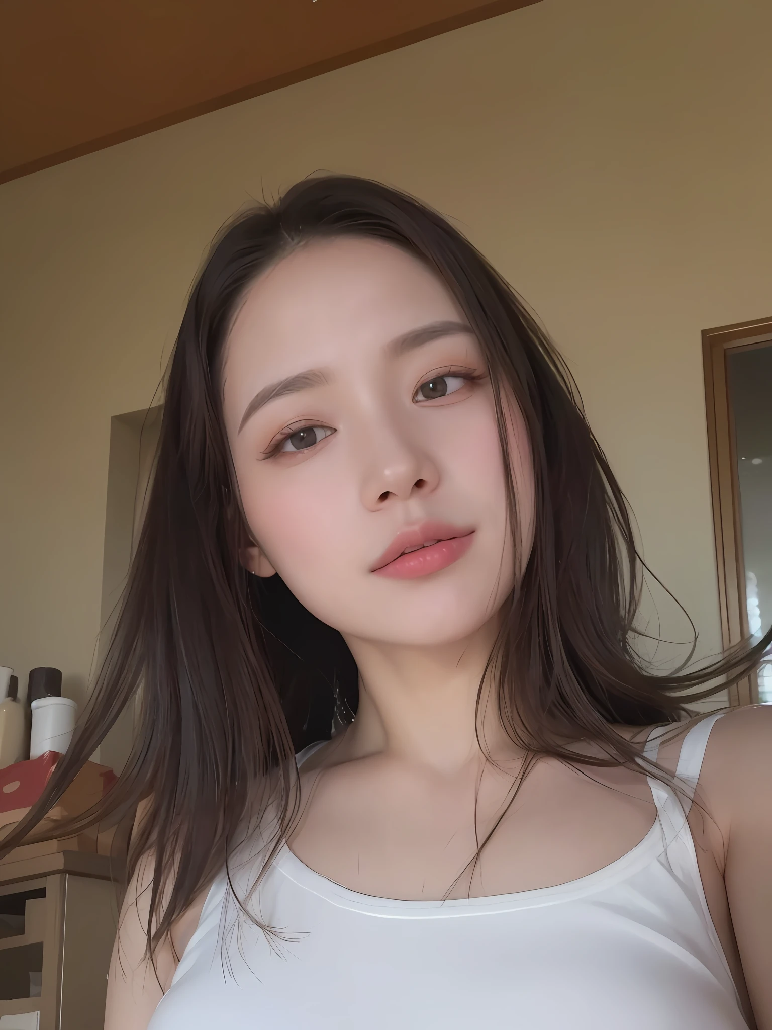 ((Best Quality, 8K, Masterpiece: 1.3)), Sharp: 1.2, Perfect Body Beauty: 1.4, Slim Abs: 1.2, ((Layered Hairstyle, Big Breasts: 1.2)), (Wet White Button Long Shirt: 1.1), (Rain, Street: 1.2), Wet: 1.5, Highly detailed face and skin texture, detailed eyes, double eyelids, side face looking at the camera