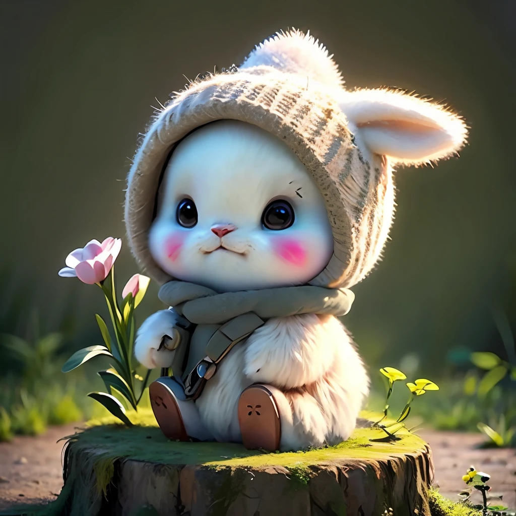 holding camera, tree_stump, flowers, adorable , fluffy, photorealistic, soft lighting,