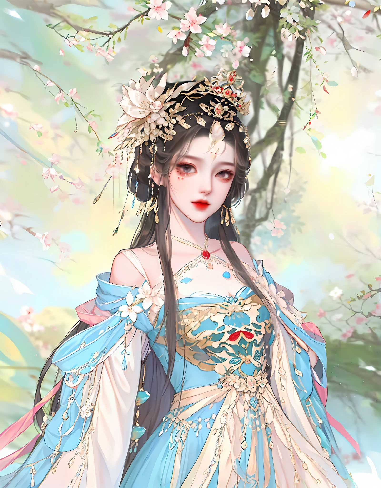 There is one wearing a blue dress,Woman with a crown on her head, a beautiful fantasy empress, ((a beautiful fantasy empress)), Palace , A girl in Hanfu, Inspired by Lan Ying, Beautiful character painting, Inspired by Qiu Ying, Inspired by Huang Ji, inspired by Du Qiong, G Liulian art style, A beautiful artwork illustration