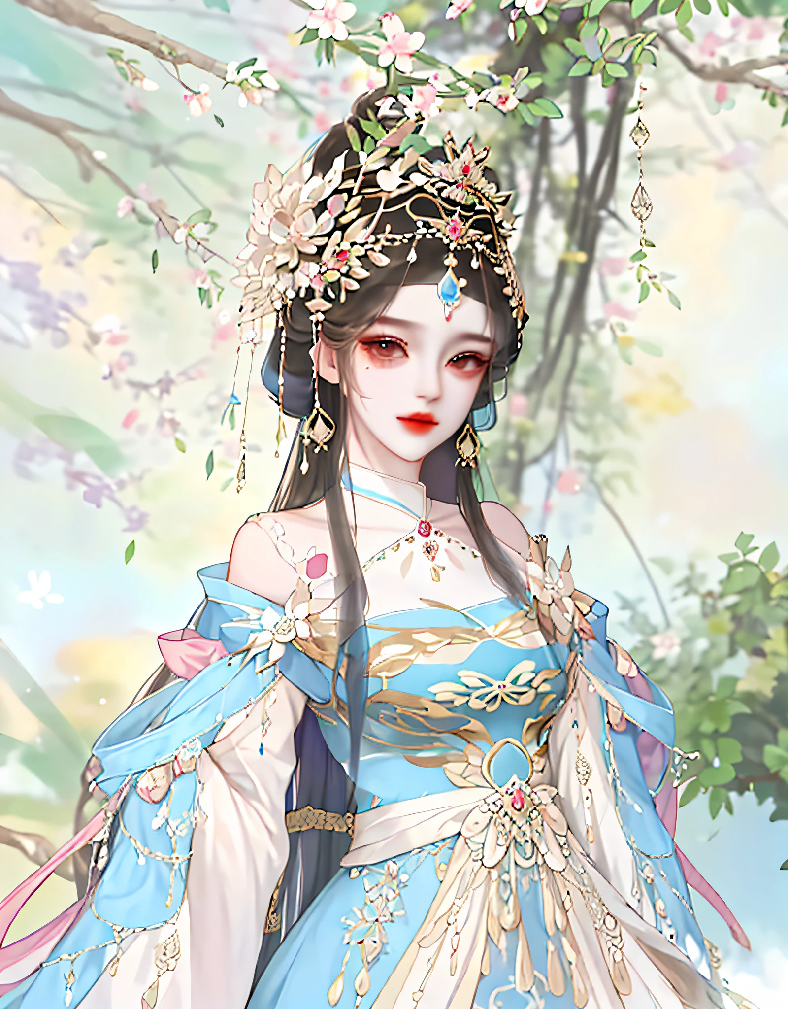 There is one wearing a blue dress，Woman with a crown on her head, a beautiful fantasy empress, ((a beautiful fantasy empress)), Palace ， A girl in Hanfu, Inspired by Lan Ying, Beautiful character painting, Inspired by Qiu Ying, Inspired by Huang Ji, inspired by Du Qiong, G Liulian art style, A beautiful artwork illustration