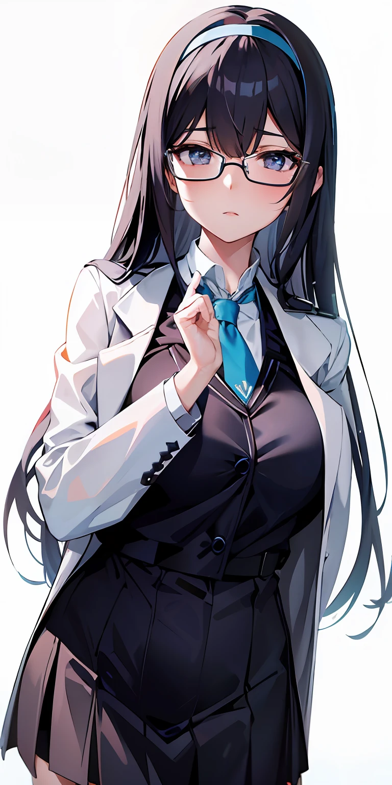 Anime girl in uniform with blue tie and glasses, anime moe art style, with white coat, Official Character Art, Anime Girl with Long Hair, Smooth Anime CG Art, with index finger, ( ( wearing a long coat ) ), wearing lab coat and a blouse, from girls frontline, Kantai Collection Style, Official art, a female anime character