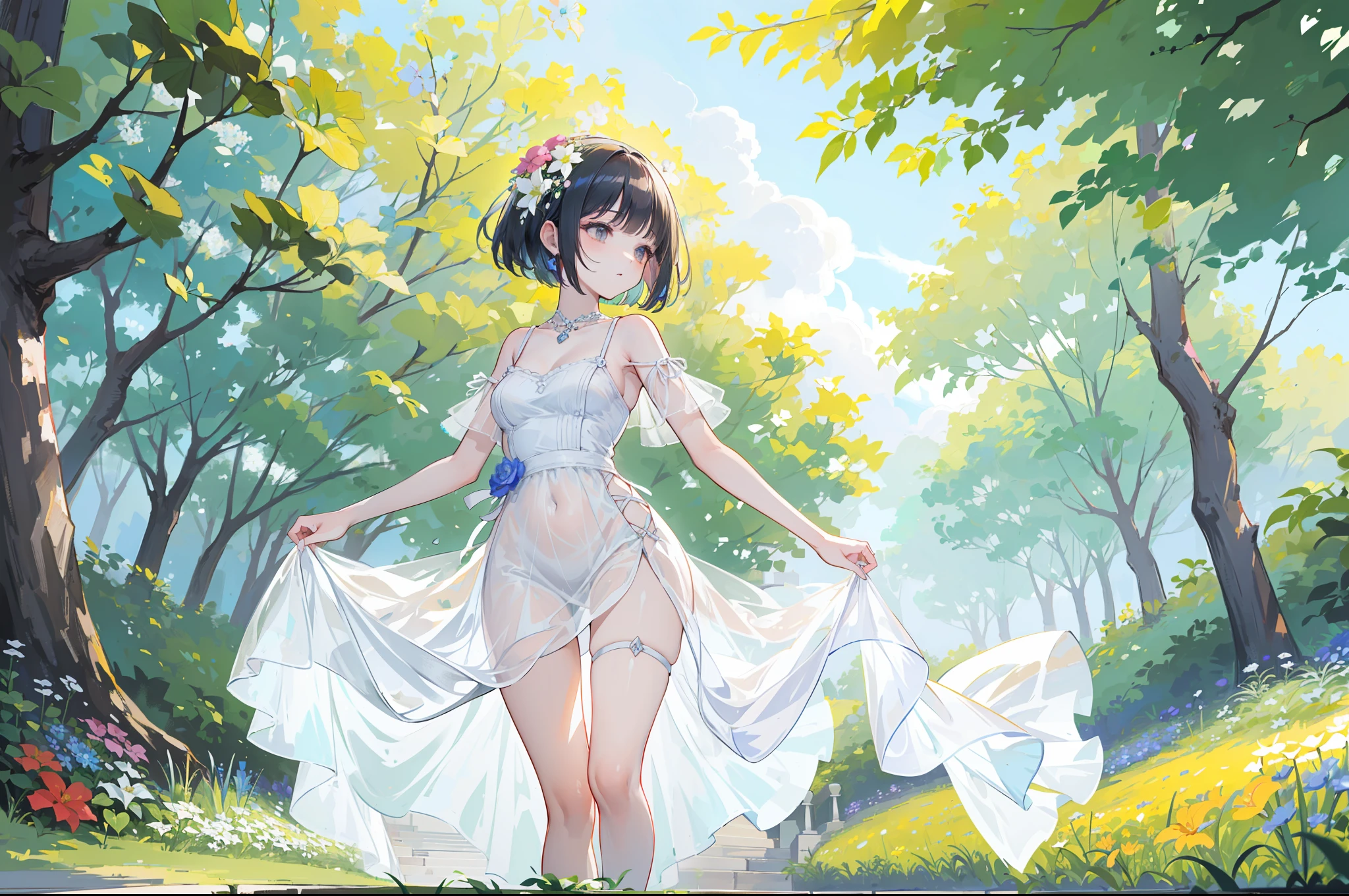 In a beautiful garden a beautiful young woman walks in a short dress with straps, camina descalza por la hierba, The small flowers are of various colors.  It's a summer day with good light. Una imagen espectacular. (Obra maestra) (mejor calidad)