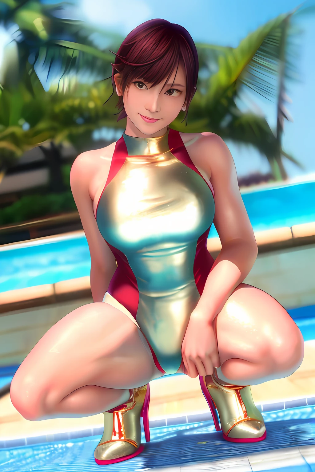 Top image quality、top-quality、8K picture quality、1girll、full body Esbian、nagisa、A smile、embarrassed from、red blush、Beautiful fece、Colossal tits、(Gold Metallic:1.4)、(Sleeveless)、(High neck competitive swimsuit)、(highleg)、(Crotch penetration)、(pin heels)、Squatting on the ground、(Open your crotch wide from side to side)、Arms behind your head、(Show off your armpits)、gazing at viewer、((Face the viewer))、((Show viewers your crotch)) 、((Frontal shot))、in poolside、profetional lighting、professional photograpy