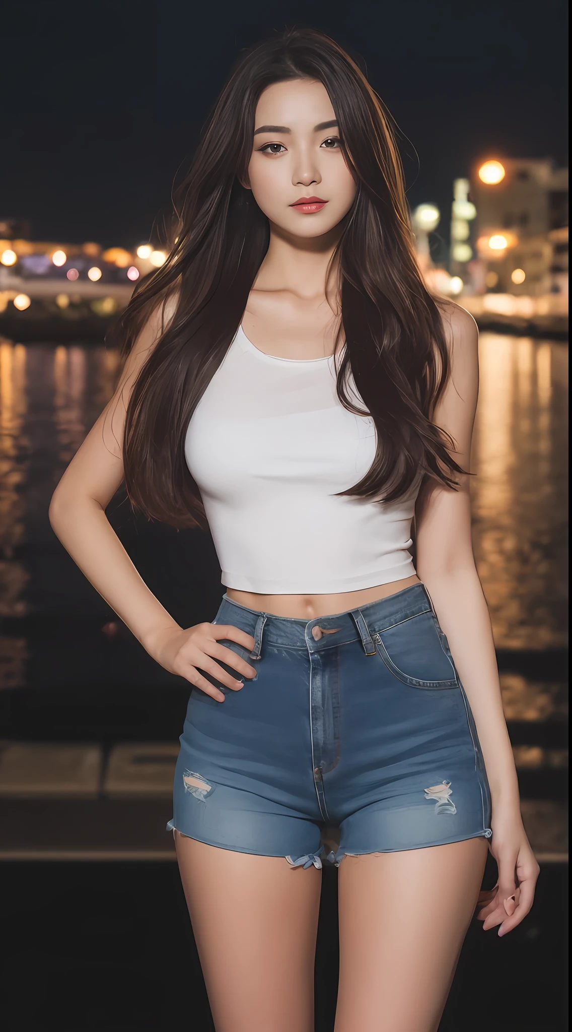 ((midynight, Need, 8k, tmasterpiece:1.3)), full bodyesbian, Long legs, Focalors:1.2, perfect figure beautiful woman:1.4, Slim abs:1.1, Glossy glossy skin,((Dark brown thick long hair, huge tit:1.4 )), (White tights ,Skinny ripped denim mini shorts stand:1.2), ((city night scene, Riverside:1.3)), Highly detailed facial and skin texture, A detailed eye, 二重まぶた