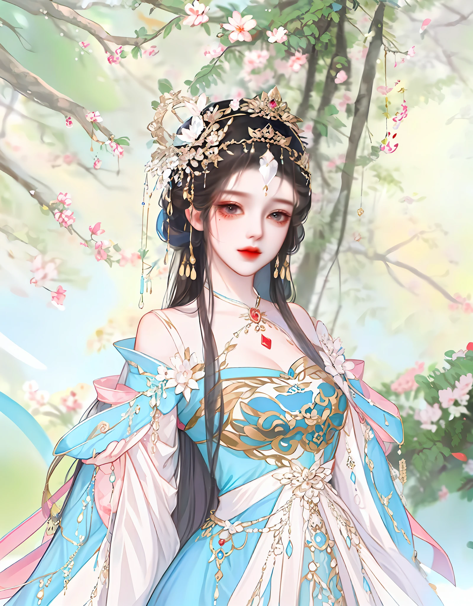 There is one wearing a blue dress,Woman with a crown on her head, a beautiful fantasy empress, ((a beautiful fantasy empress)), Palace , A girl in Hanfu, Inspired by Lan Ying, Beautiful character painting, Inspired by Qiu Ying, Inspired by Huang Ji, inspired by Du Qiong, G Liulian art style, A beautiful artwork illustration