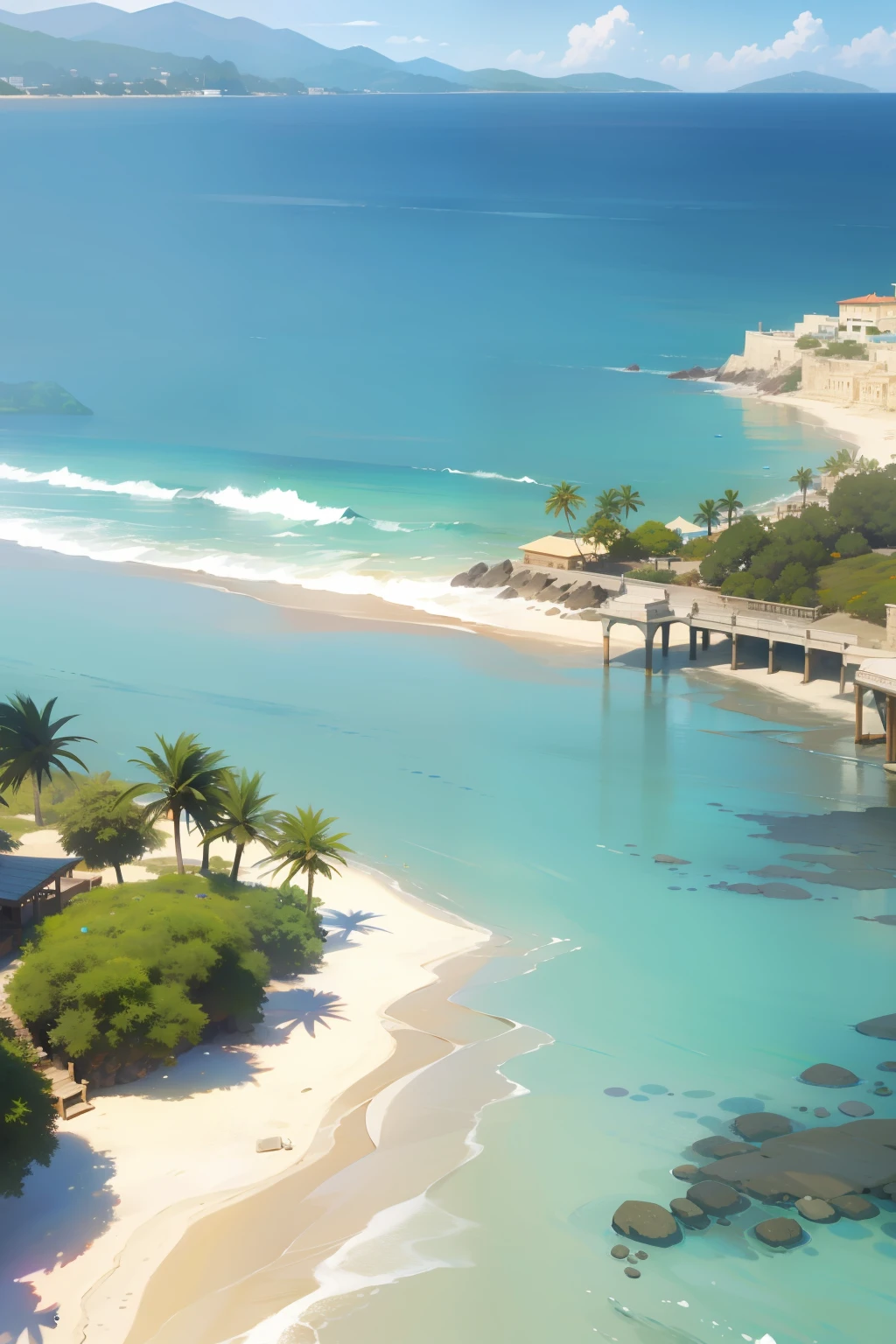 terraces, beach, clear water, bubbling, ray tracing, sand, reef, faint mountains in the distance, comics, 3d rendering, cartoon, cute style, sunny, outdoor, detailed, 4K, HD, high quality