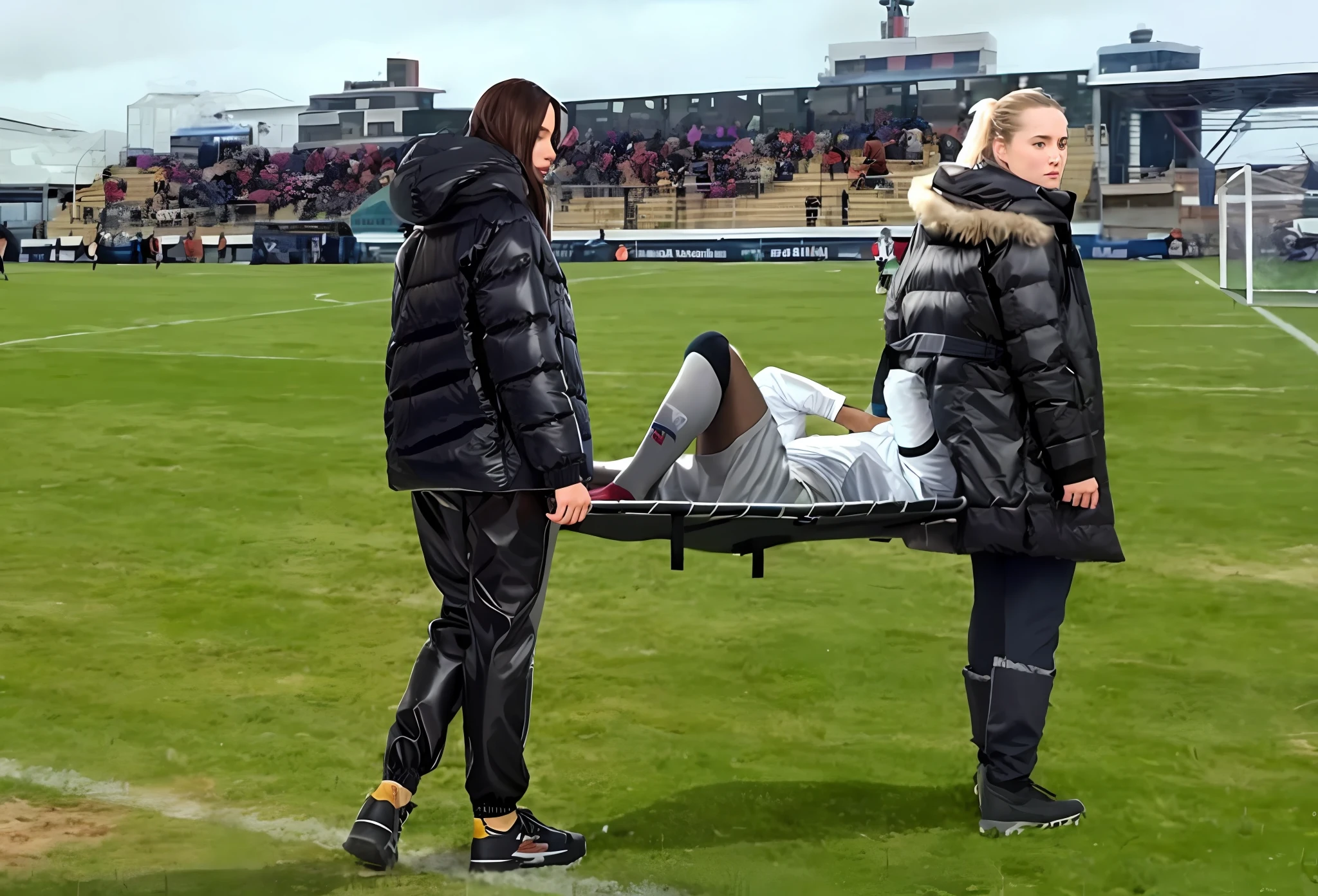 There is a man lying on a stretcher with his hands crossed over his face, a man in a t-shirt and sports shorts has crossed his hands over his face, the man has an agonised face under his hands, two longhaired and ponytailed women that are wearing very shiny coats, there are longhaired women wearing laquered puffy coats, longhaired women are walking in wetlook puffy coats, several women walking around a football field with an injured athlete on a stretcher, the injured athlete on the stretcher covers his face with both hands, the women look very worried, behind the women there is a frightening atmosphere, there is heavy rainfall in the background, video still, behind the scenes, Malika Favre, screenshot, footage, 4 0 9 6, cover photo, aesthetic shot, dramatic mood, intense scene, Making of, Mongezi Ncaphayi, Thriller atmosphere, Filming, Edited