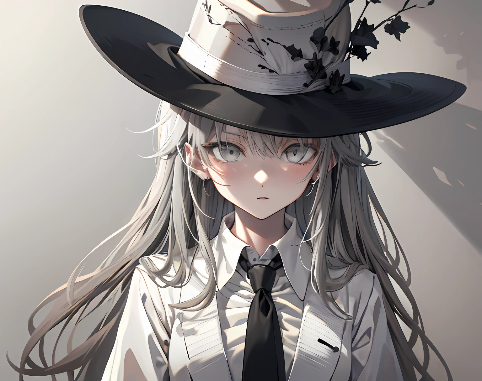 【Highest Quality, masutepiece】 [girl, Manteau, expressioness, Gray eyes, front facing, long hair, suits, Upper body] (Gray white background:1.7), black necktie, silk hat
