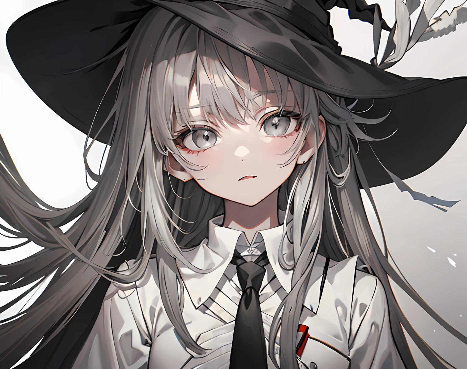 【Highest Quality, masutepiece】 [girl, Manteau, expressioness, Gray eyes, front facing, long hair, suits, Upper body] (Gray white background:1.7), black necktie, silk hat