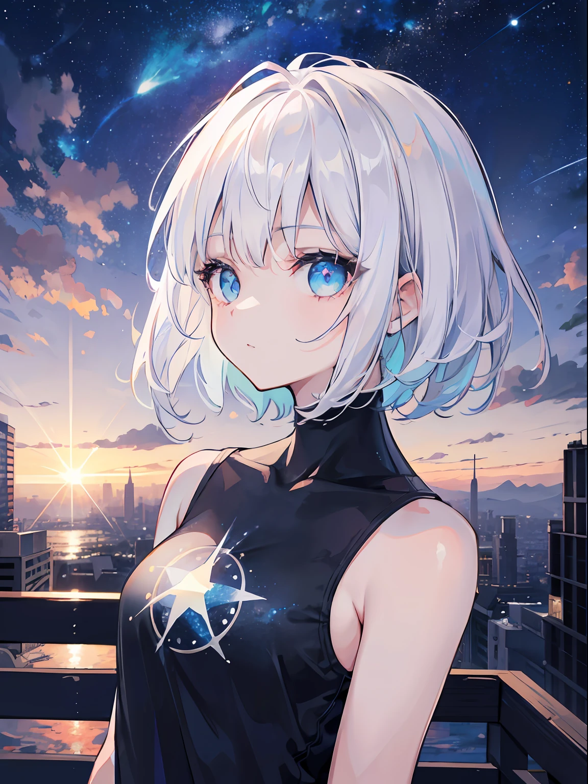 1 girl, platinum hair, looking at viewer, night city + starry+ sunset background,8K , masterpiece,ultrasharp,high res, cyan eyes, black denim short,starry sky, clouds that spin around the sun, galaxies, comet, short tshirt, short hair