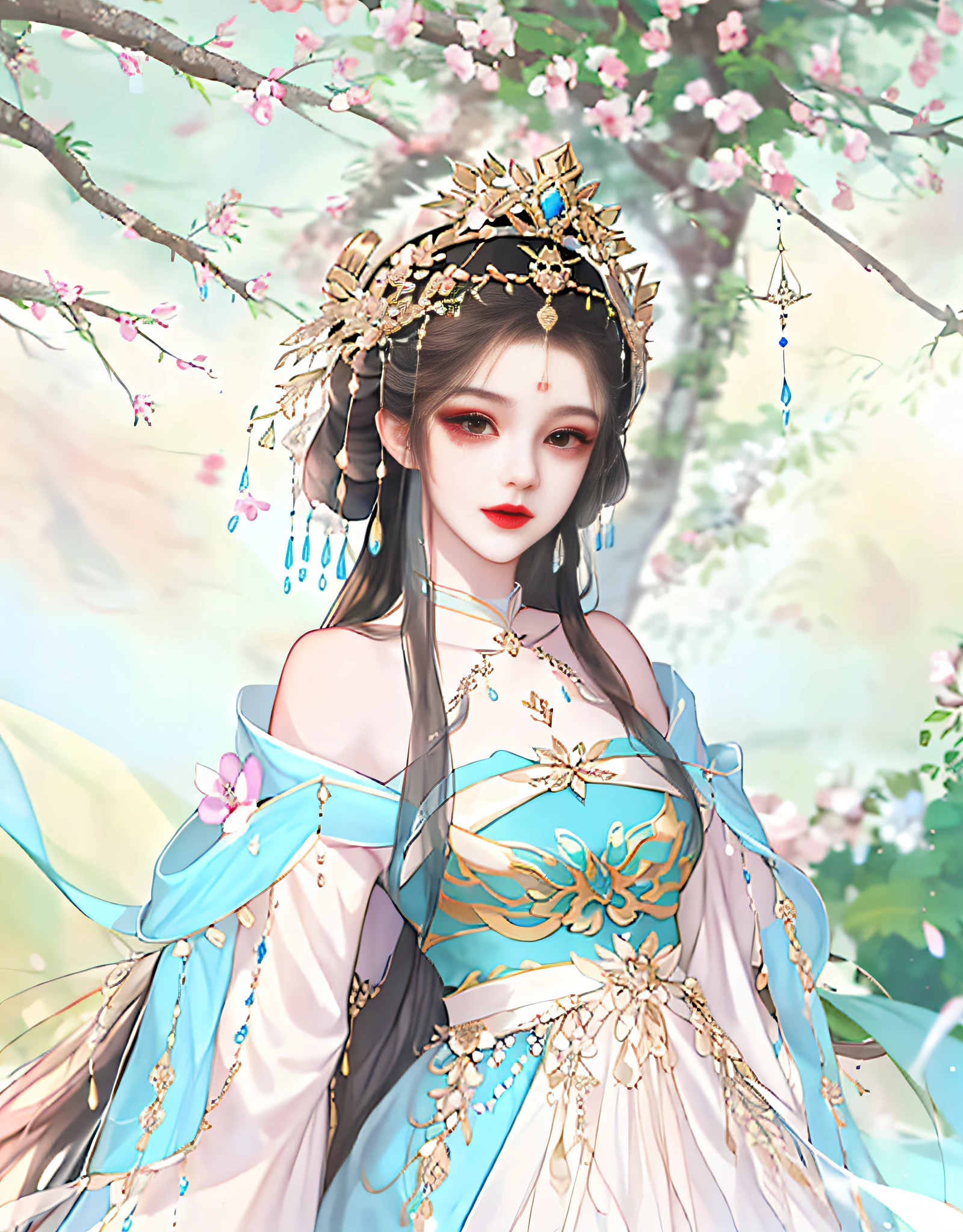 There is one wearing a blue dress，Woman with a crown on her head, a beautiful fantasy empress, ((a beautiful fantasy empress)), Palace ， A girl in Hanfu, Inspired by Lan Ying, Beautiful character painting, Inspired by Qiu Ying, Inspired by Huang Ji, inspired by Du Qiong, G Liulian art style, A beautiful artwork illustration