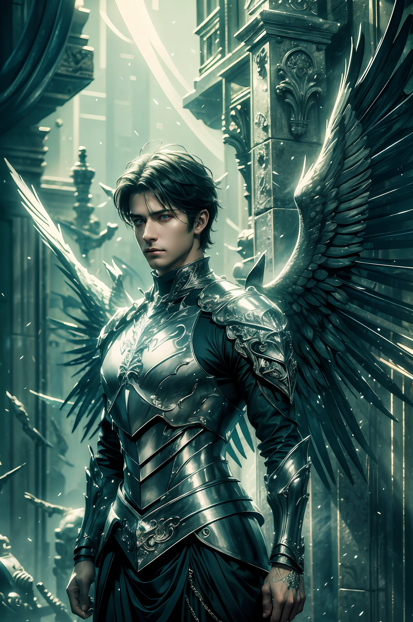 dramatic lighting,(masterpiece:1.2),cinematic lighting, ray tracing,best quality, high resolution, beautiful detailed, extremely detailed, perfect lighting, unreal,1 (male) angel, glowing black eyes, detailed eyes