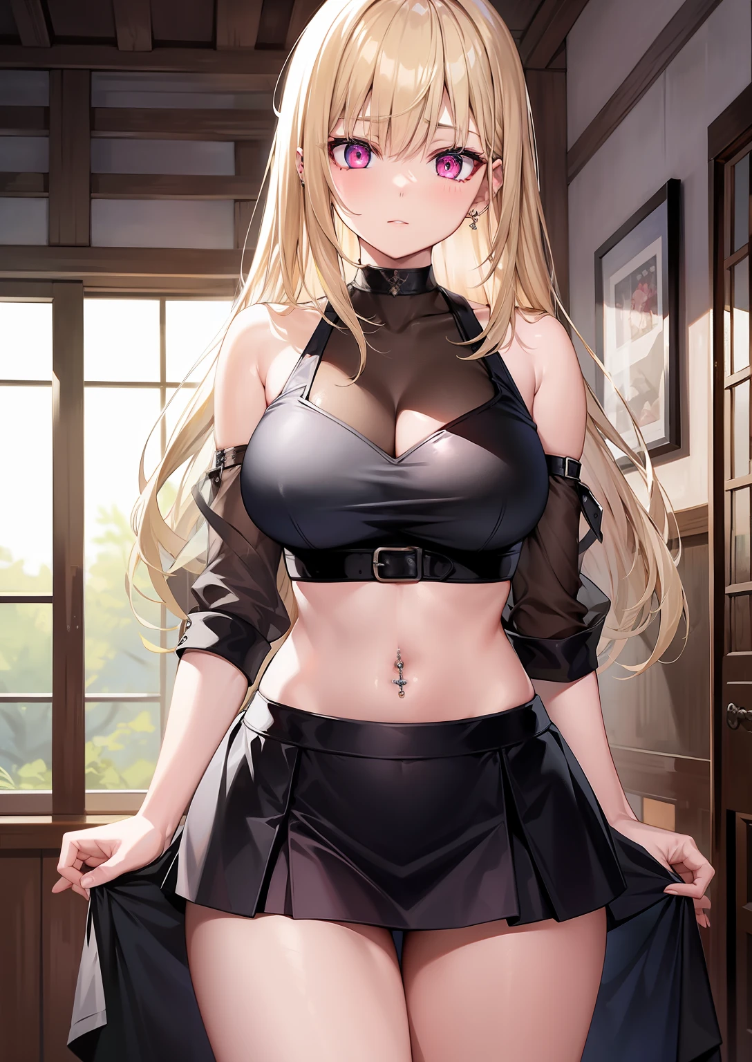 详细的脸、long eyeslashes、Digital Eyes、Glowing eyes、Clear eyes、Shining eyes、A detailed eye、adult lady、Beautiful pink eyes、Semi-long cut、Light blonde hair、Lustrous skin、piercings、ren、hightquality、Good Hand、big breasts thin waist、Casual Tops、skirt by the、Beautiful scenery、Navel piercing、beauty legs