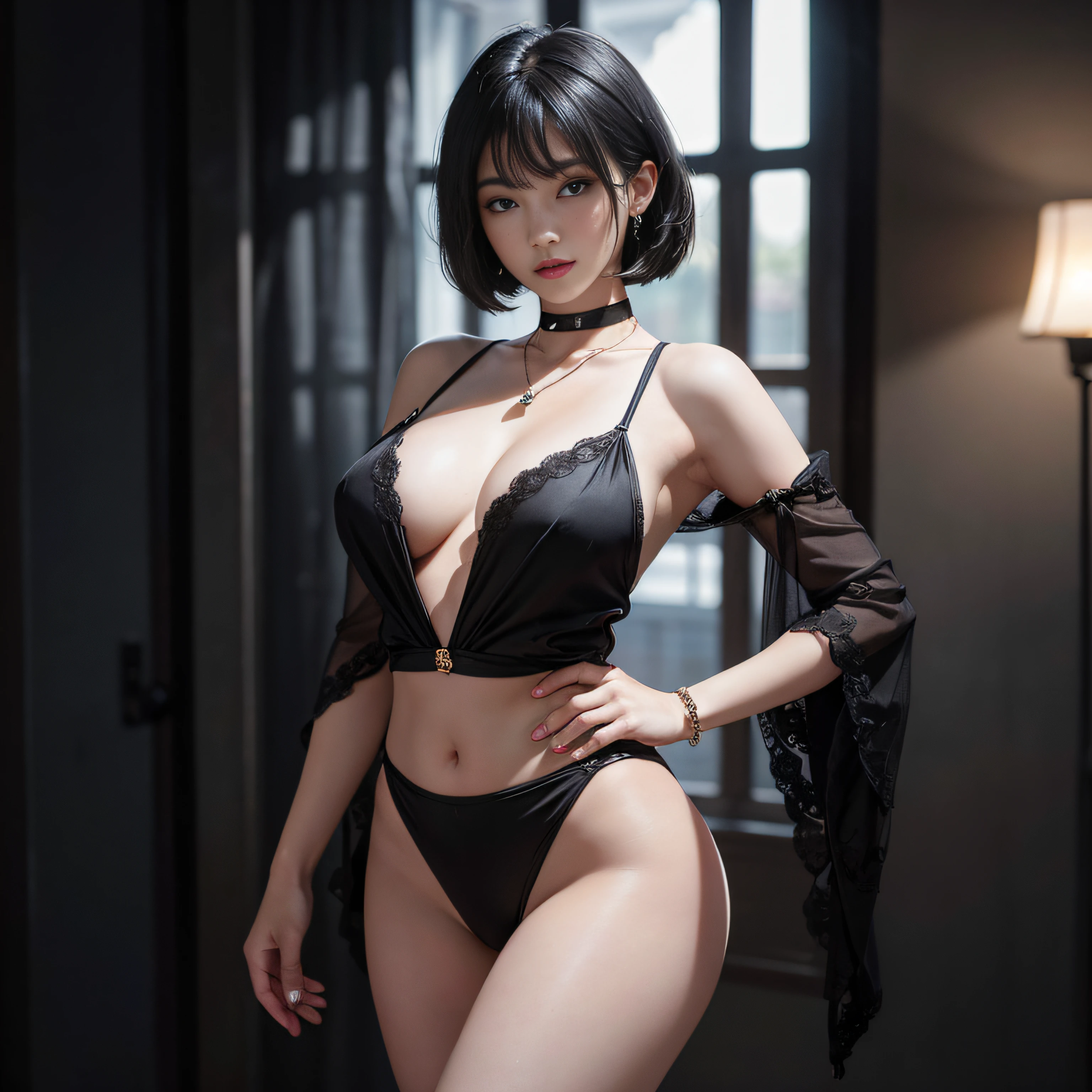 Black hair bob, (8k, RAW photo, photorealistic: 1.25), (very much lip gloss, many eyelashes, highest quality, ultra high resolution, depth of field, chromatic aberration, caustics, wide light, natural color, Japanese , Female in her 30s) Staring at the viewer, necklace, bracelet, choker, full body, big breasts, mole on chest, bare legs, see-through blouse, 1girl, dynamicposes