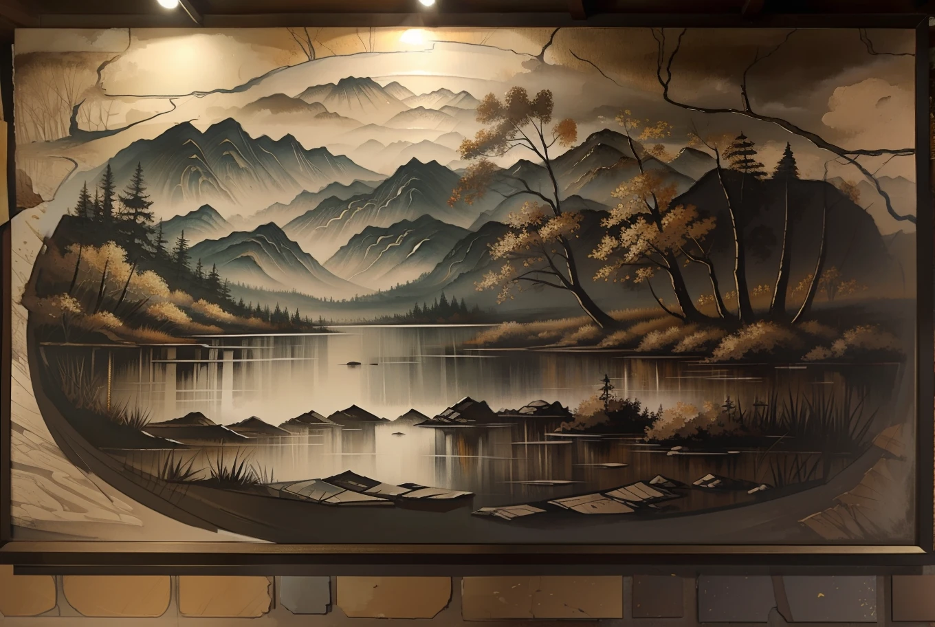 Intricate landscape painting in ink style,faded,Broken