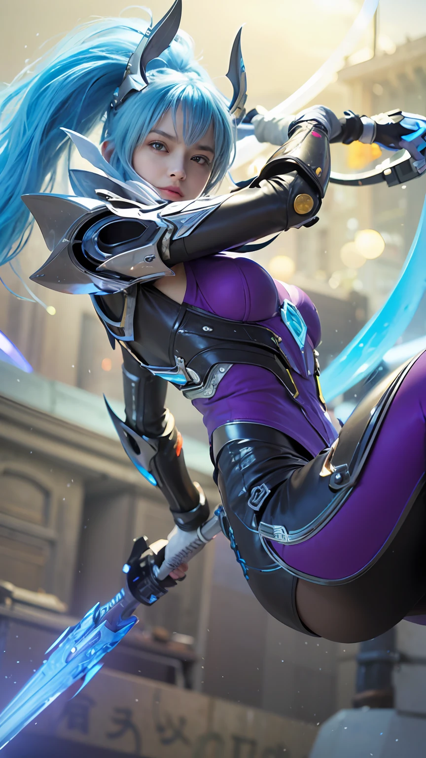 (8k, best quality, masterpiece:1.2), (realistic, photo-realistic:1.37), ultra-detailed,
A detailed portrait of 1 21 year old girl, yellow eyes, blue hair, detail face, pale skin, face facing the camera, wearing a tight outfit with armor, holding twin shadow blades. The scene is illuminated with professional lighting, photon mapping, and radiosity, with Tetsuya Nomura Style and a cyber-futuristic feel. Urban background with blur or bokeh effect, neon details, realistic light.
