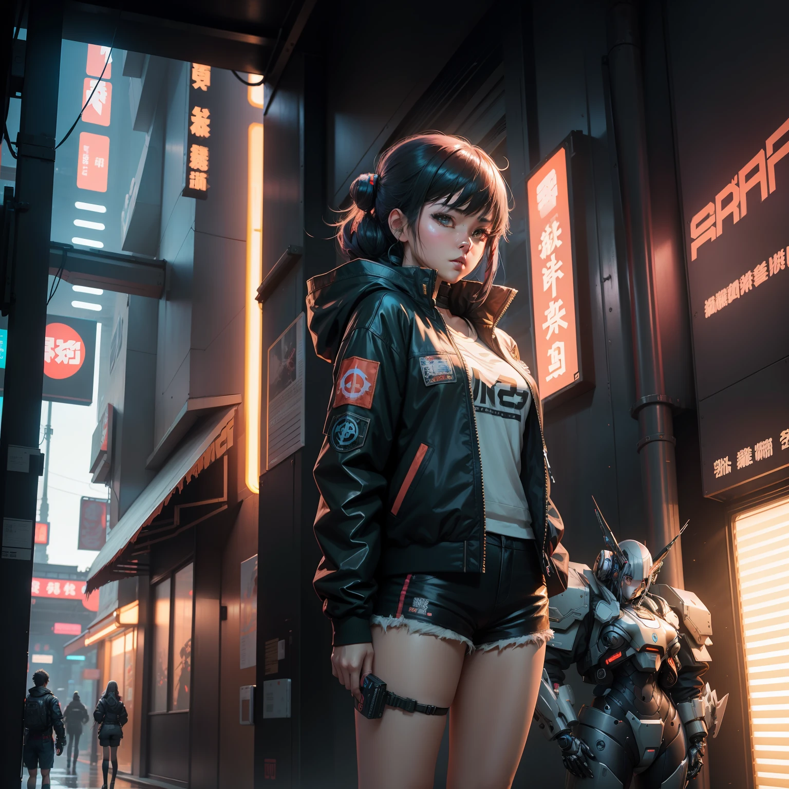 anime girl in short shorts and jacket standing next to giant robot, artwork in the style of guweiz, cyberpunk anime girl mech, trending on cgstation, guweiz, by Russell Dongjun Lu, digital cyberpunk anime art, ross tran 8 k, guweiz on artstation pixiv, girl in mecha cyber armor