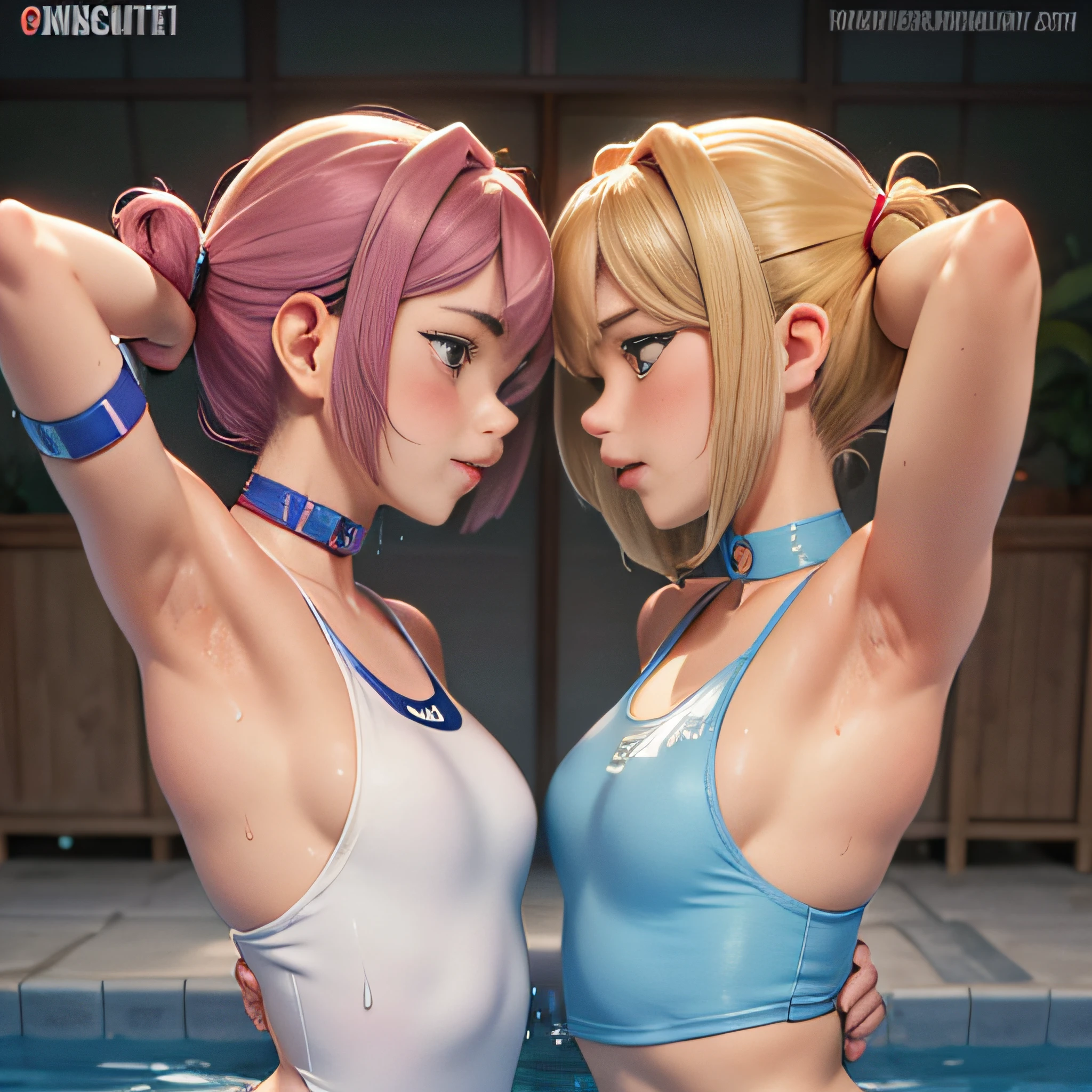 Three girls having fun by the pool, lewd: 1,2, hentai: 1,2, NSFW: 1,2, lesbian: 1,2, grabbing each other's ass, kissing, blushing, wet sleeveless t-shirt, shorts, anatomically correct, competitive swimsuit, tanktop, wet and sticking to the skin, high-legged, open crotch, camel toe, shot from below, showing armpit, small chest, side breast, W pose sitting, Squat position, both armpit showing, armpit licking, mouth near armpit, neck collar, nsfw