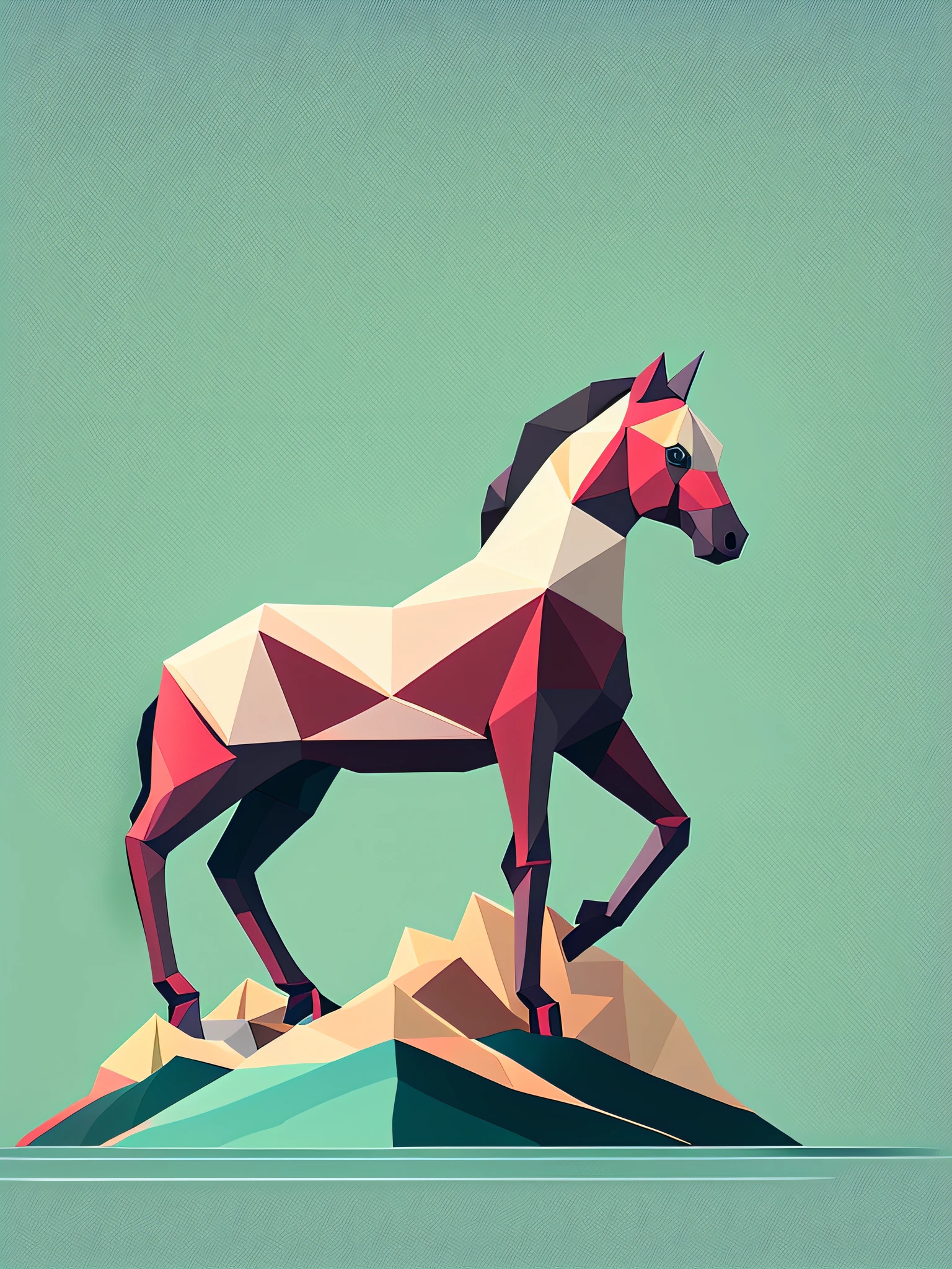 a picture of a horse standing on top of a rock, low-poly digital art, low poly art, low poly style, horse on top, high quality lowpoly art, polygonal art, low poly 3 d, low poly graphics, digital horse, 2 d low polygon art, paper craft low poly