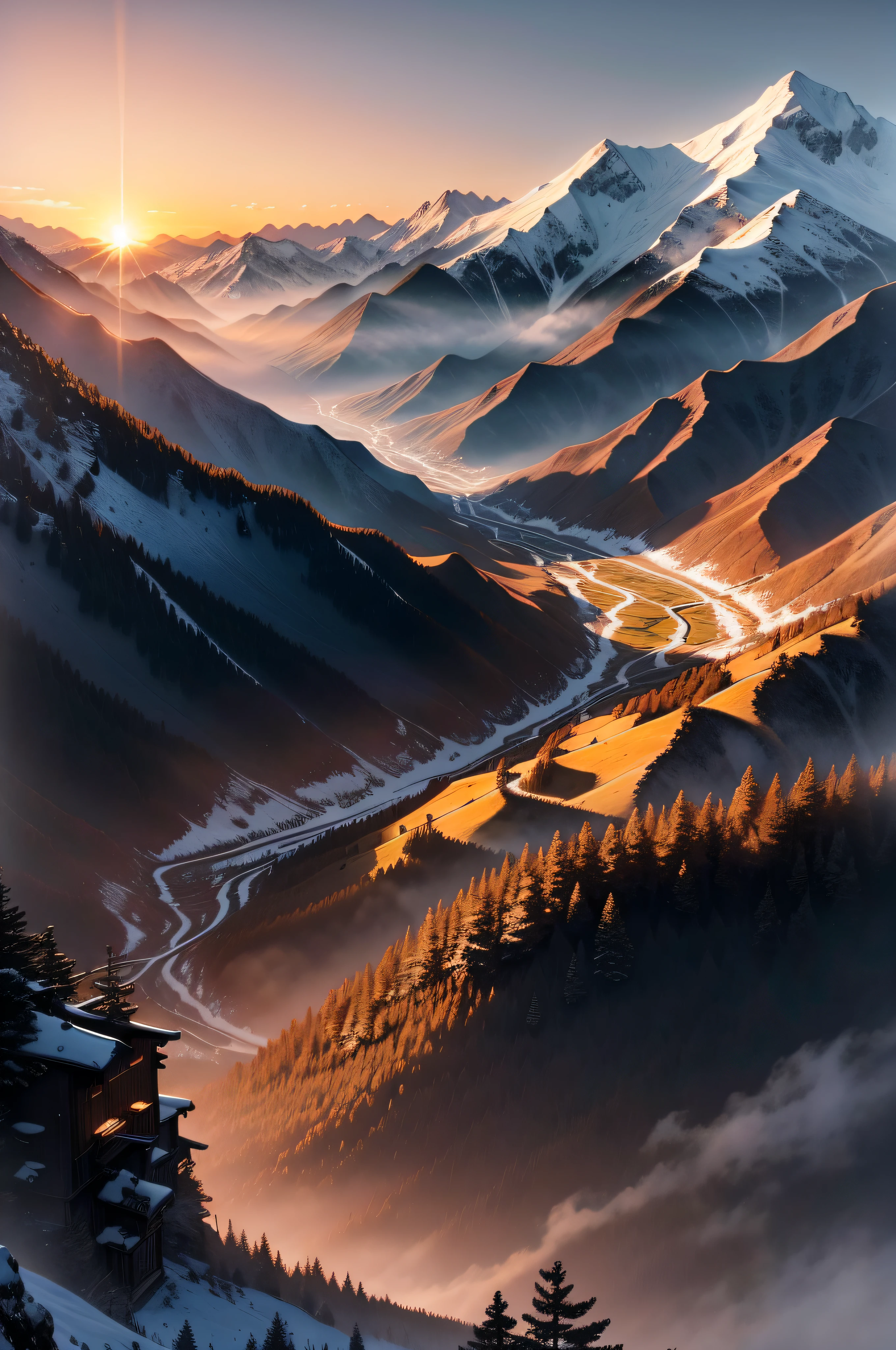 Aalfid view of the valley,Far Mountain,Valley sunset,The sun shines on the mountains,Lovely valley,Dramatic morning light,Epic beautiful scenery,Japan countryside,Dramatic HDR lighting,Dramatic golden light,Breathtaking views,overlooking valley,Sunset light,Amazing landscape view,Sunrise light,Dramatic scenery。