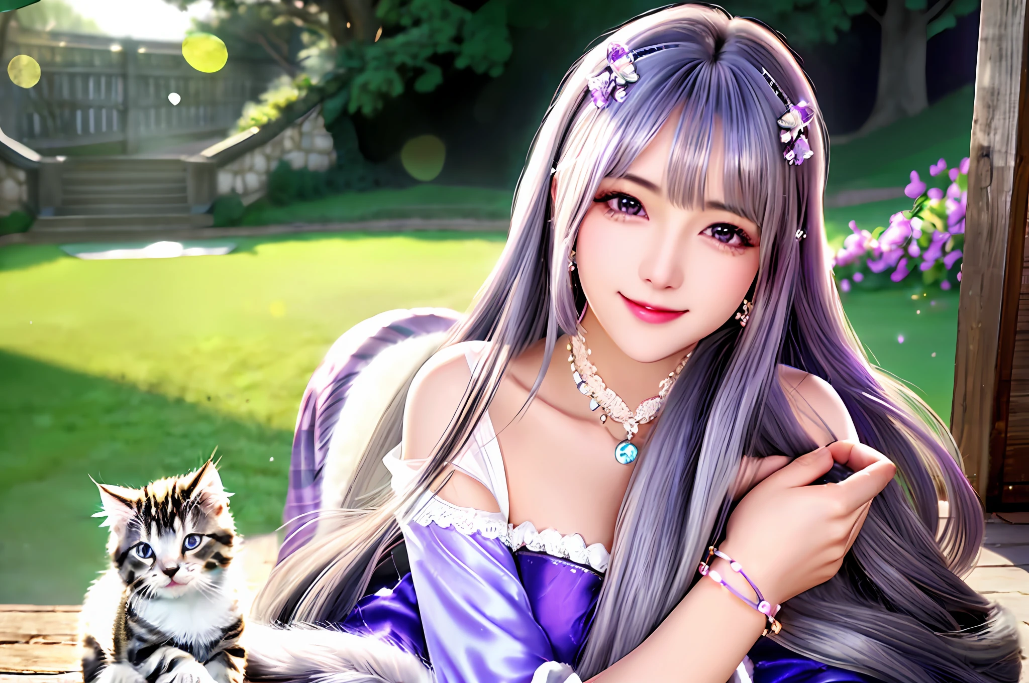 「Beautiful woman like realistic photo、Has double patchy purple eyes、Smiling gracefully with long silver hair、Generate images depicting an adorable kitten cuddling scene。Women's eyes glow dark purple、Long hair flutters gracefully in the wind。Kittens with fluffy fur、It's full of cuteness。The background is a bright area with natural light、It's a heartwarming atmosphere。」