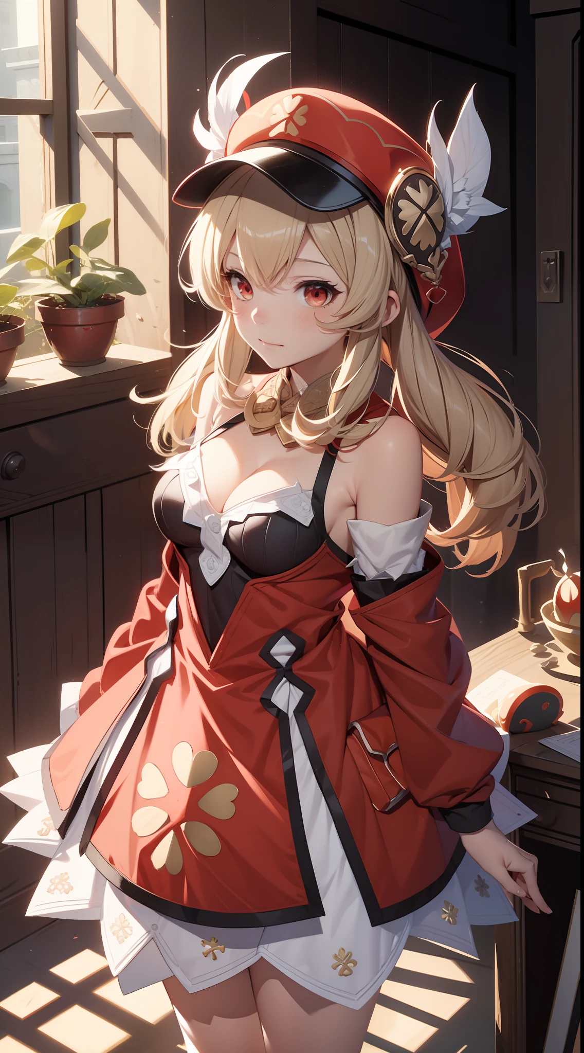 （8K，best qualtiy，tmasterpiece），Hyper-detailing，（highdetailskin），Birds in front of hats and wreaths, , maplestory mouse, Splash art anime Lolif-the-shoulder attire，little breast，cleavage，bit girl, Red translucent eyes，Golden hair，Two small braids，Height 1.2m，Red clothes，Red Hat，small curvaceous loli, Pi zerochan art, Edelgard de Fire Emblem, from touhou, shirabii, shikishi, Official artwork, alchemist girl