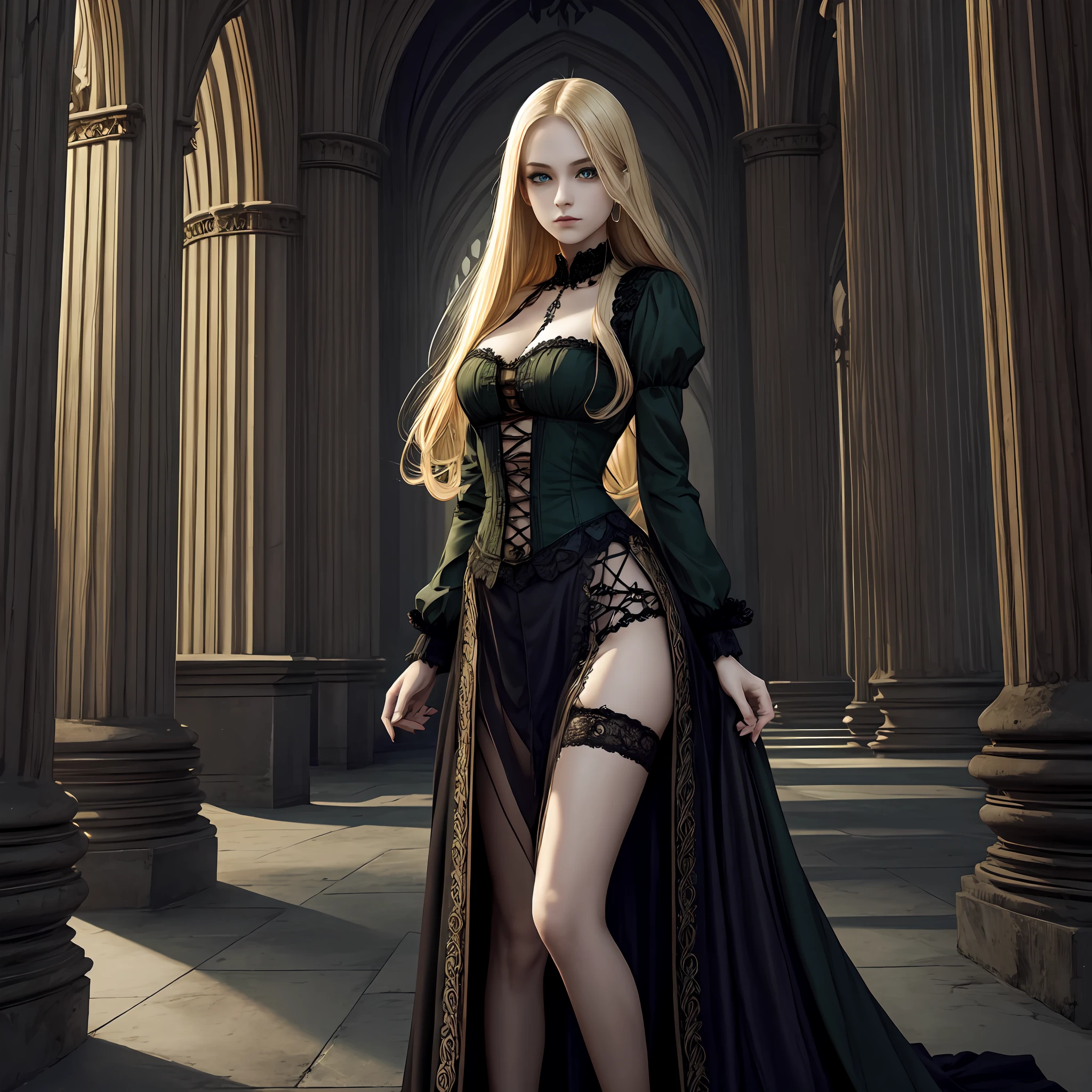 1 girl, young, beautiful, dark green eyes, blond hair, palace, Gothic style of architecture, thin physique, open vulgarity.
