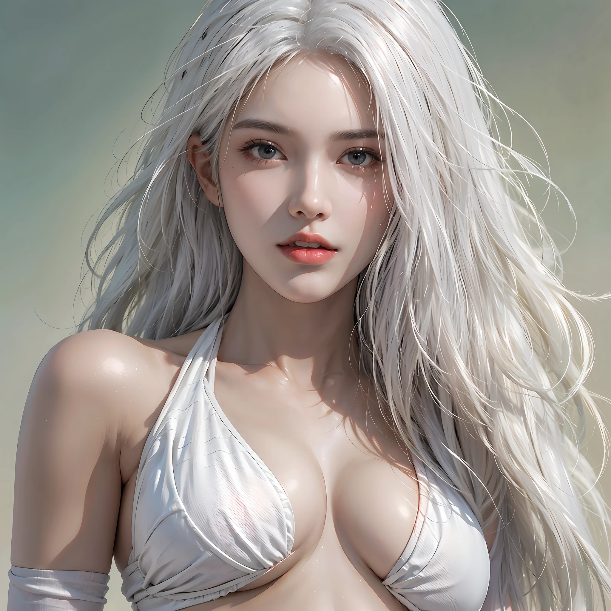 photorealistic, high resolution, 1women, solo, hips up, look at viewer, (detailed face), white hair, long hair, micro-bikini
