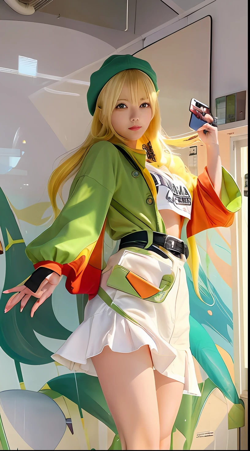 1girl, yellow hair, green hat holding a cell phone, style artgerm, artgerm style, style of artgerm, extremely detailed artgerm, artgerm colorful!!!, artgerm lau, range murata and artgerm, splash art anime loli, like artgerm, ! dream artgerm, ultra detail, realistic, 70mm lens