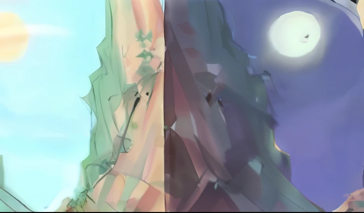 HD 4K,comic strip,Half day, half night,There are mountains in the daytime part,There is the sun,The night part has mountains and moons