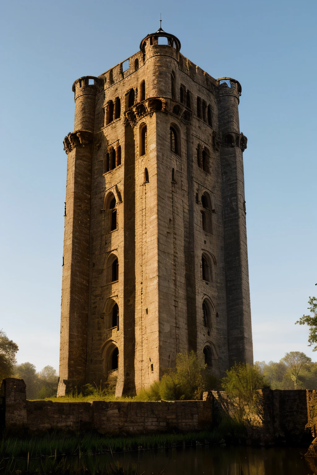 medium shot of a medieval fantasy romanesque tower in a swampy fantasy medieval town, imposing, elaborate architecture, (backlighting), realistic, masterpiece, highest quality, lens flare, shade, bloom, [[chromatic aberration]], by Jeremy Lipking, by Antonio J. Manzanedo, digital painting