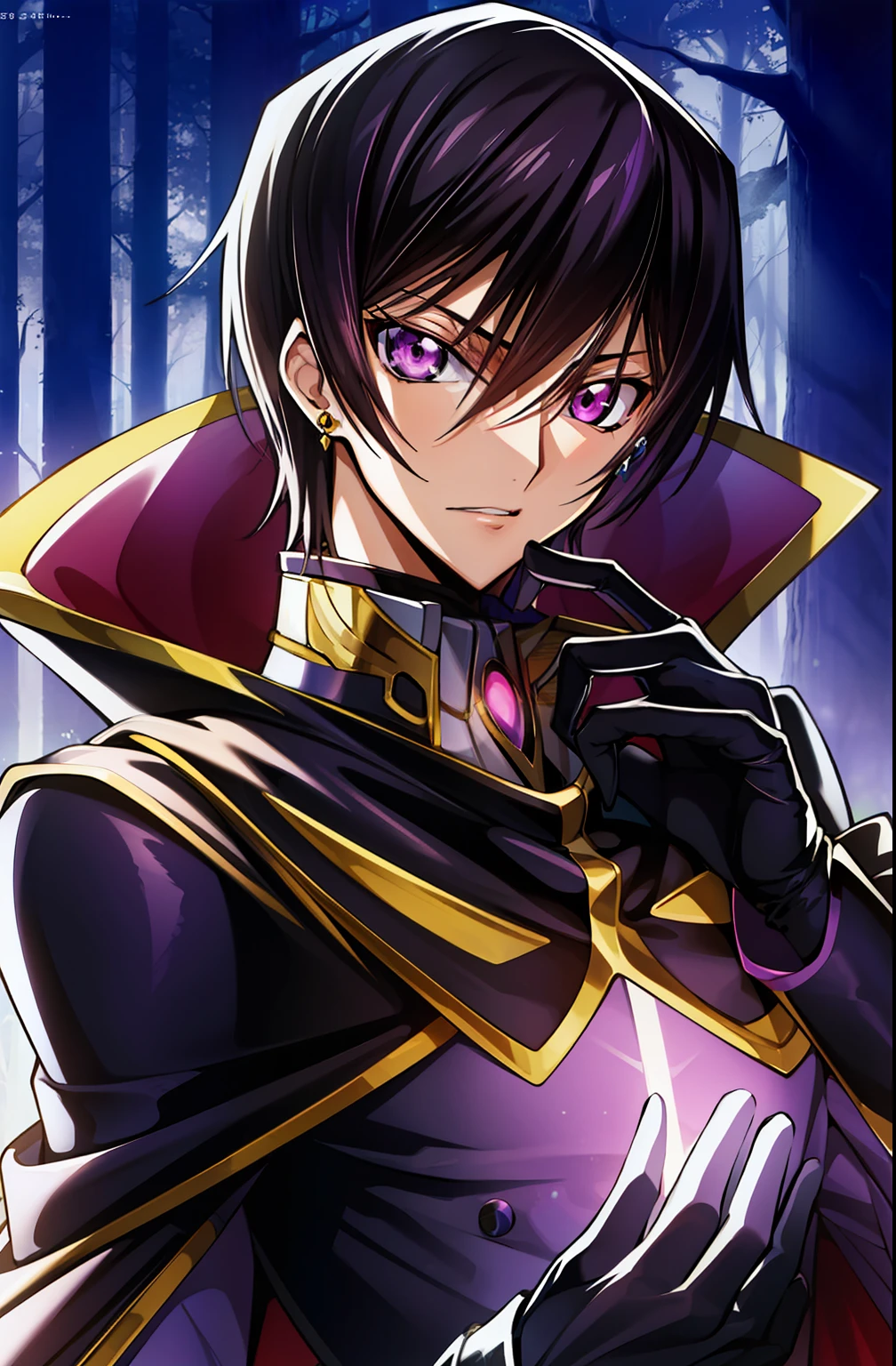 in a dark forest with trees in the background
sitting on a red couch,purple light shining,
black and yellow outfit,black cape,cape, chain-link_fence, coat,gloves,
lelouch_lamperouge,jewelry,gem,
black_hair,purple_eyes,earrings,short hair, purple light in their eyes ,
1 man, 20yo,male,Beautiful FingerBeautiful body,Beautiful Nose,Beautiful character design, perfect eyes, perfect face,
looking at viewer,angry, 
NSFW,official art,extremely detailed CG unity 8k wallpaper, perfect lighting,Colorful, Bright_Front_face_Lighting,
(masterpiece:1.0),(best_quality:1.0), ultra high res,4K,ultra-detailed,
photography, 8K, HDR, highres, absurdres:1.2, Kodak portra 400, film grain, blurry background, bokeh:1.2, lens flare, (vibrant_color:1.2) code Geass zero mask