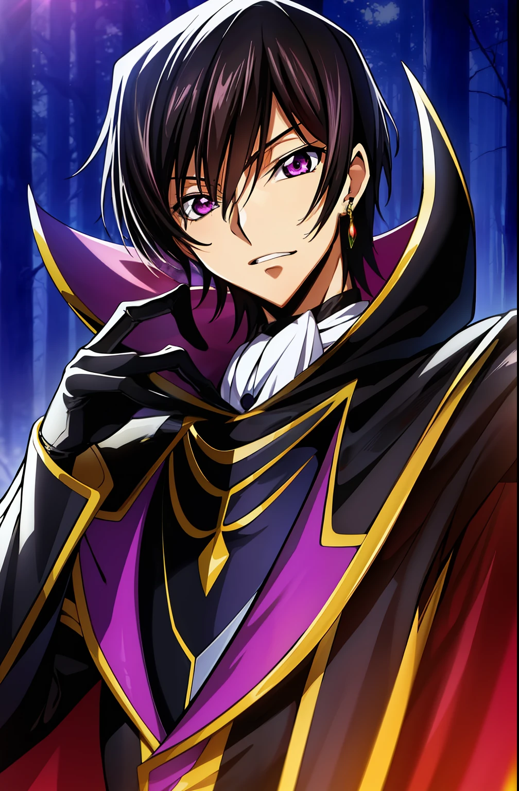 in a dark forest with trees in the background
sitting on a red couch,purple light shining,
black and yellow outfit,black cape,cape, chain-link_fence, coat,gloves,
lelouch_lamperouge,jewelry,gem,
black_hair,purple_eyes,earrings,short hair, purple light in their eyes ,
1 man, 20yo,male,Beautiful FingerBeautiful body,Beautiful Nose,Beautiful character design, perfect eyes, perfect face,
looking at viewer,angry,
NSFW,official art,extremely detailed CG unity 8k wallpaper, perfect lighting,Colorful, Bright_Front_face_Lighting,
(masterpiece:1.0),(best_quality:1.0), ultra high res,4K,ultra-detailed,
photography, 8K, HDR, highres, absurdres:1.2, Kodak portra 400, film grain, blurry background, bokeh:1.2, lens flare, (vibrant_color:1.2) code Geass zero mask