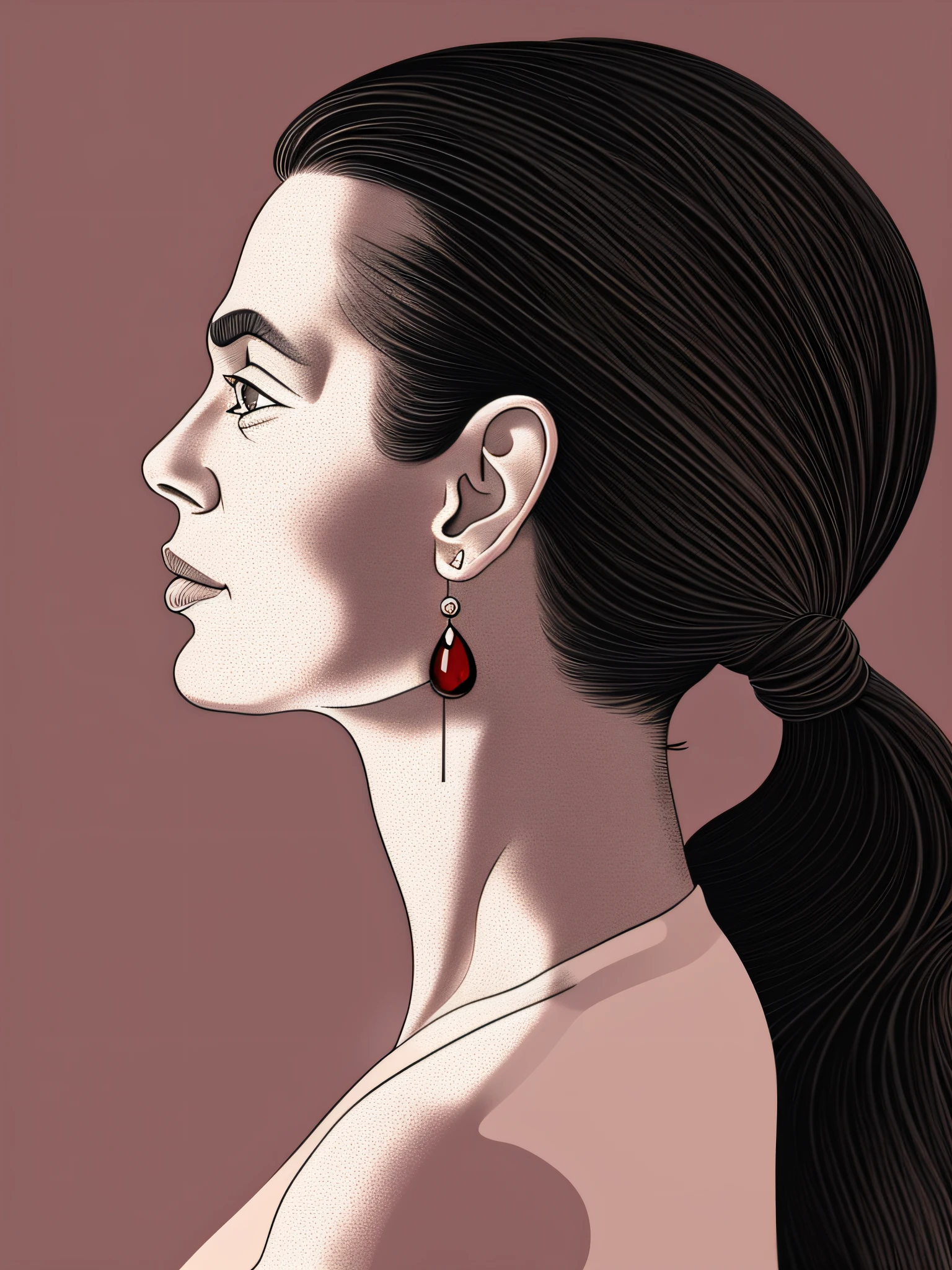 there is a woman with a ponytail and earrings on her head, side - profile painted portrait, side profile painted portrait, a woman's profile, woman's profile, detailed illustration portrait, kenton nelson, inspired by Oswaldo Viteri, side profile portrait, kaethe butcher, side profile cenetered portrait, detailed portrait, rachel weisz portrait
