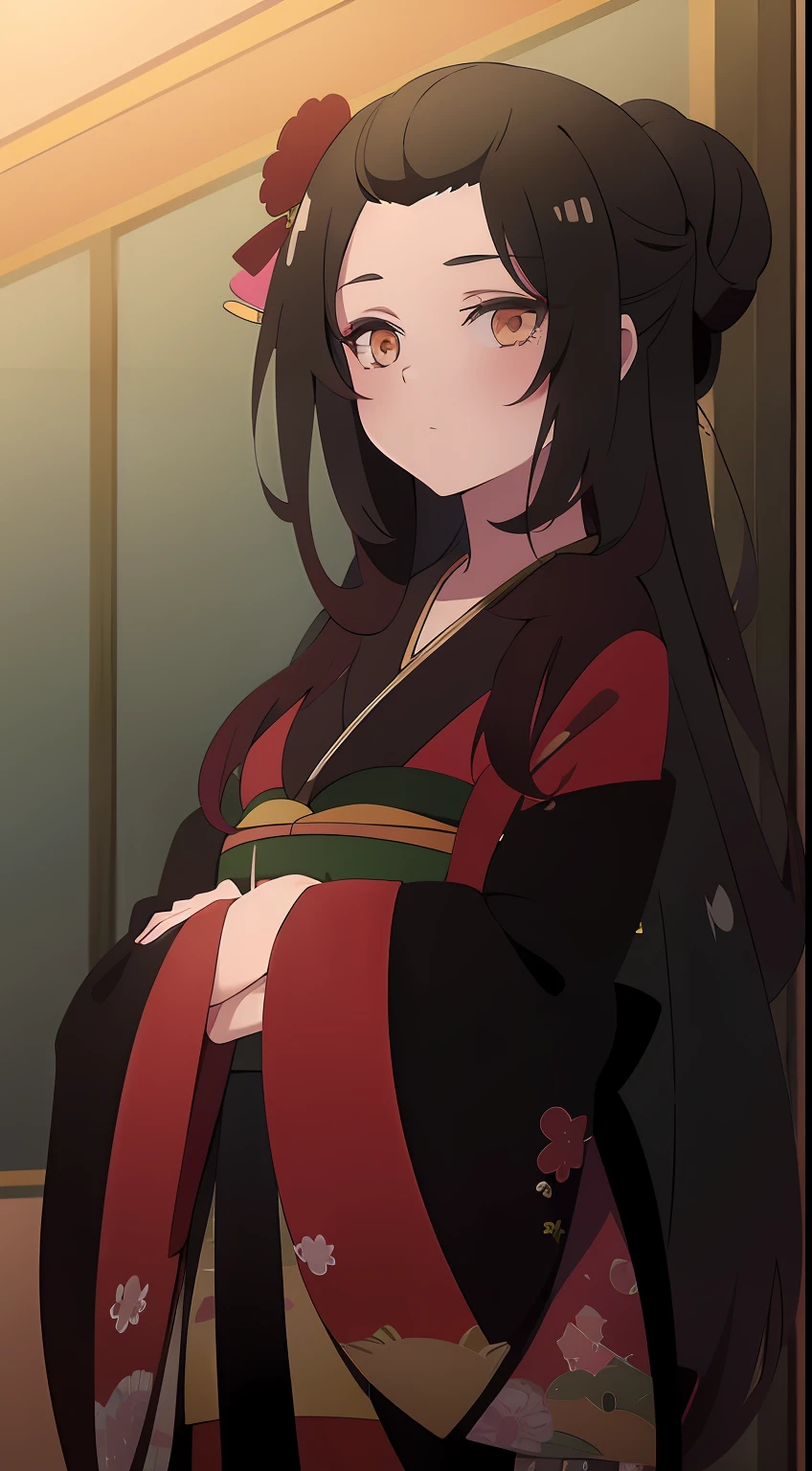 a woman with long silky black hair, bright eyes, rosy cheeks, wearing a kimono