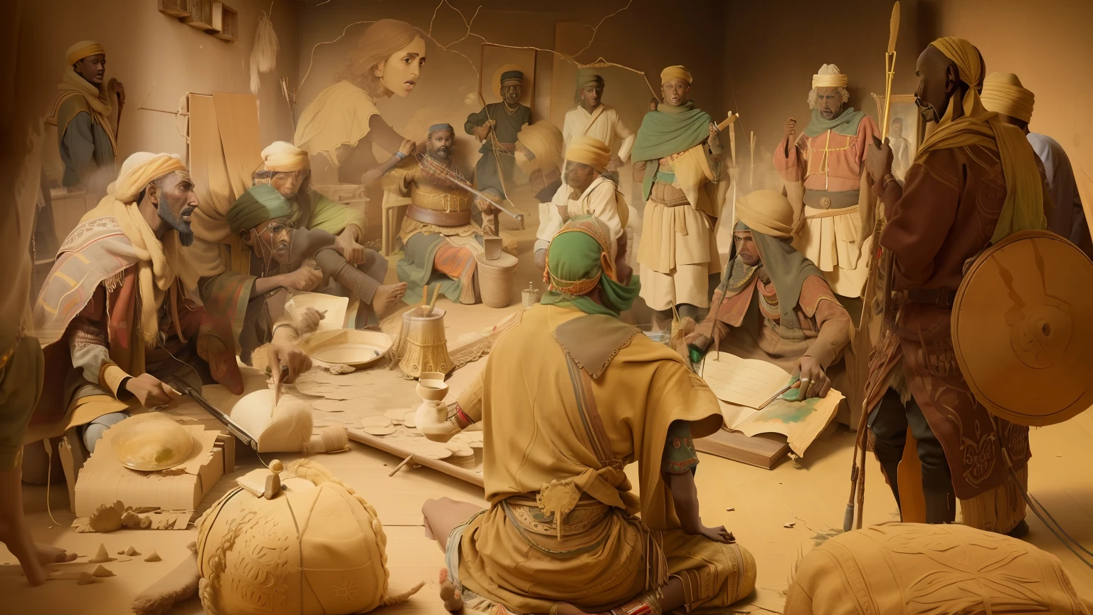 there is a painting of a group of people in a room, historical image, Ethipian, battle of adwa, treaty of wuchale, realistic