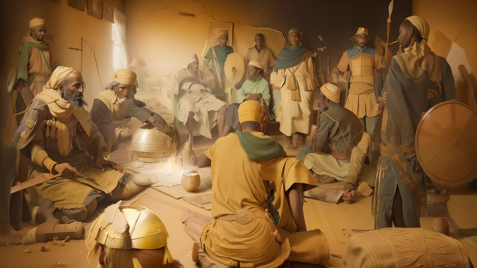 there is a painting of a group of people in a room, historical image, Ethipian, battle of adwa, treaty of wuchale, realistic