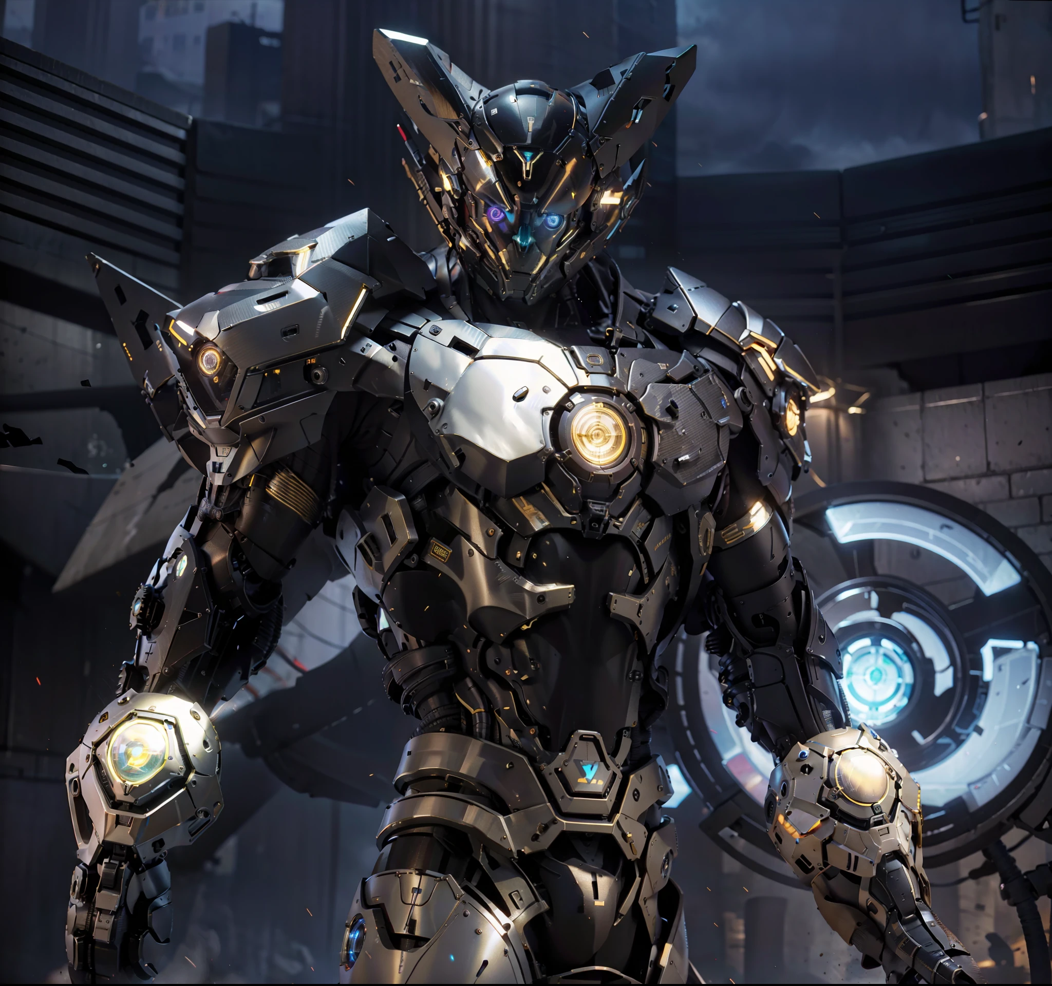 Realiy,photorealestic,Machinary,mechs,Technologie,musculous,glowing light eyes,Burly body,style of photography,Real scenery(Metallic texture 1.8)(Excess detail 2)(High resolution1.6)(4K clarity1.9)(Carbon fiber 1.5)(Metal reflection 1.5),Neon lights,obi strip(1:1),The lower half of a woman's face