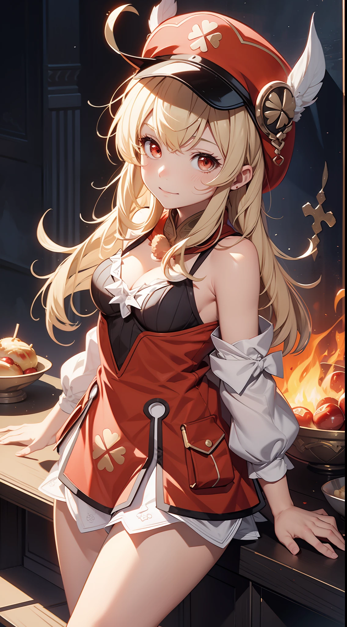 （8K，best qualtiy，tmasterpiece），Hyper-detailing，（highdetailskin），Birds in front of hats and wreaths, ****, maplestory mouse, Splash art anime ****, （Off-the-shoulder outfit1.3)，ssmile，Be red in the face，Feminine movements，little breast，cleavage，bit girl, Red translucent eyes，Golden hair，Two small braids，Height 1.2m，Red clothes，Red Hat，small curvaceous ****, Pisif, zerochan art, Edelgard de Fire Emblem, from touhou, shirabii, shikishi, Official artwork, alchemist girl