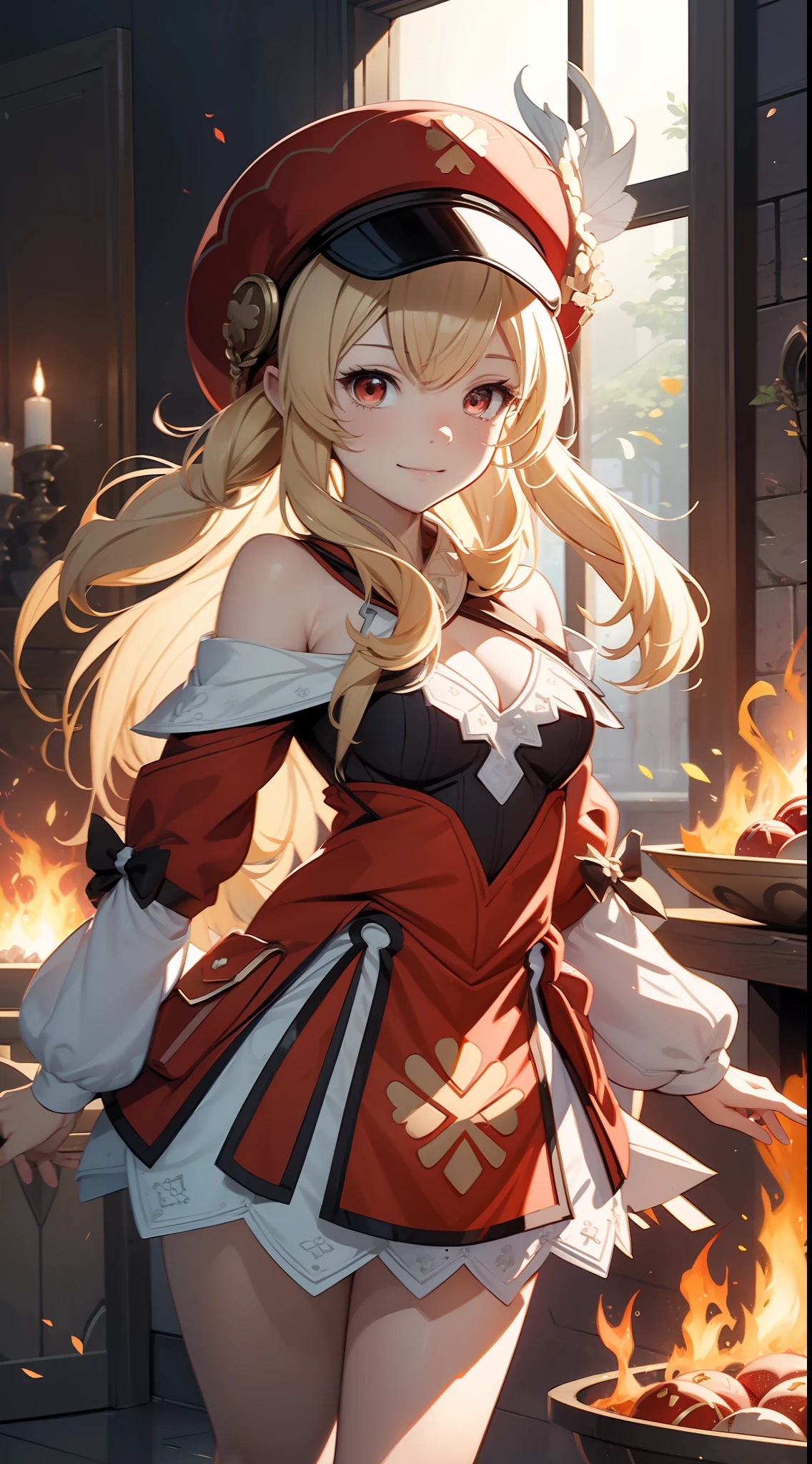 (8K,best qualtiy,tmasterpiece),Hyper-detailing,(highdetailskin),Birds in front of hats and wreaths, , maplestory mouse, Splash art anime Loliff-the-shoulder outfit1.3),ssmile,Be red in the face,Feminine movements,little breast,cleavage,bit girl, Red translucent eyes,Golden hair,Two small braids,Height 1.2m,Red clothes,Red Hat,small curvaceous loli, Pi zerochan art, Edelgard de Fire Emblem, from touhou, shirabii, shikishi, Official artwork, alchemist girl