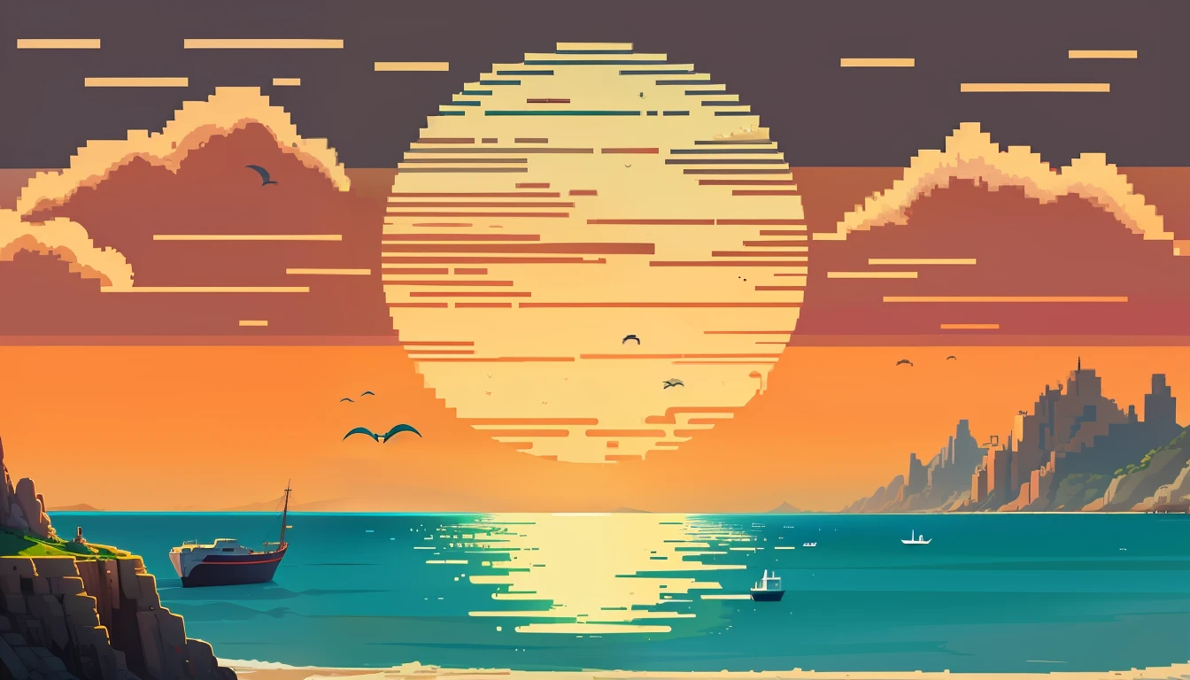 Seaside, moon, mountains, beaches, cities, clouds, boats，pixel style