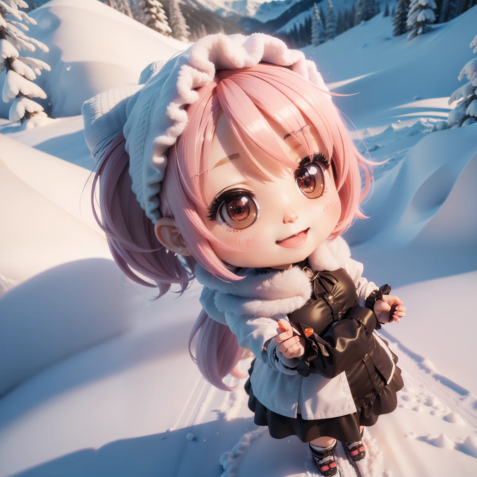 (((chibi3d))),cutand beautiful chibi anime, Demi bra, Control slip, French sleeve blouse, steep snowy mountains, skiing,happy smile.