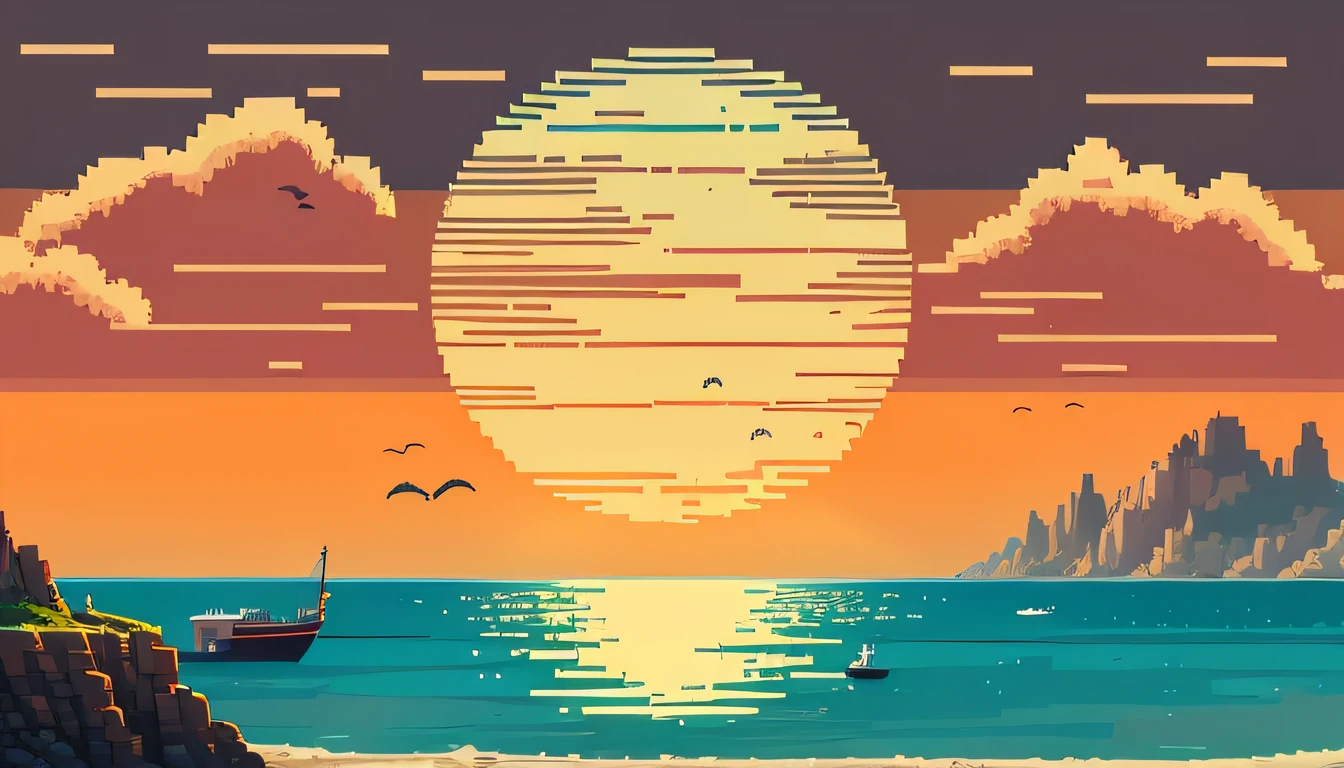 Seaside, moon, mountains, beaches, cities, clouds, boats,pixel style